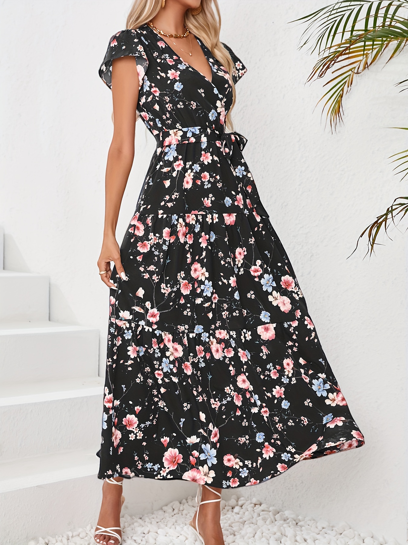 floral print flutter sleeve dress elegant v neck dress for spring summer womens clothing details 8