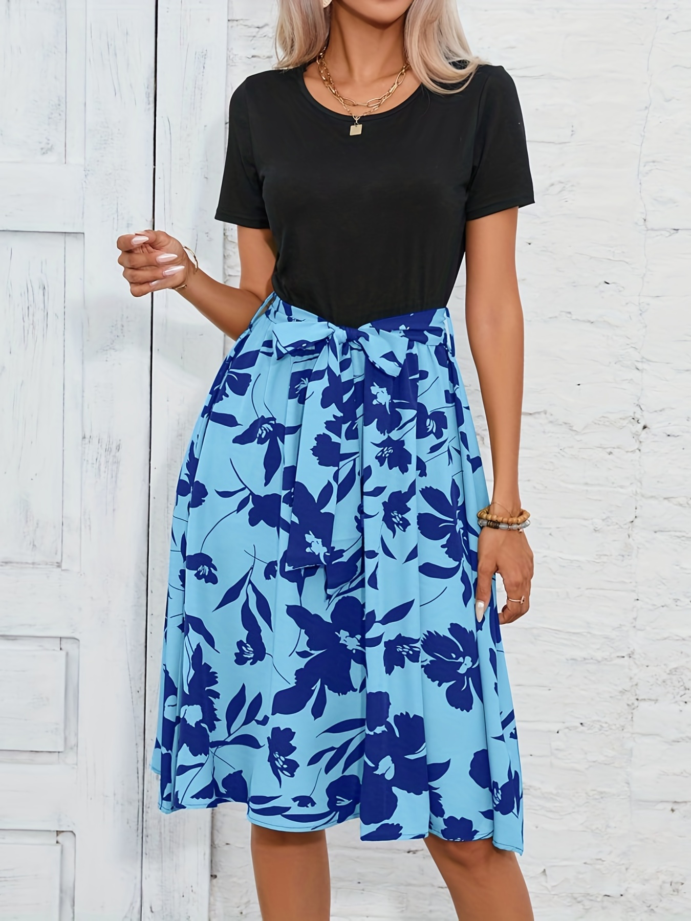 floral print crew neck dress casual short sleeve tunic dress for spring summer womens clothing details 0