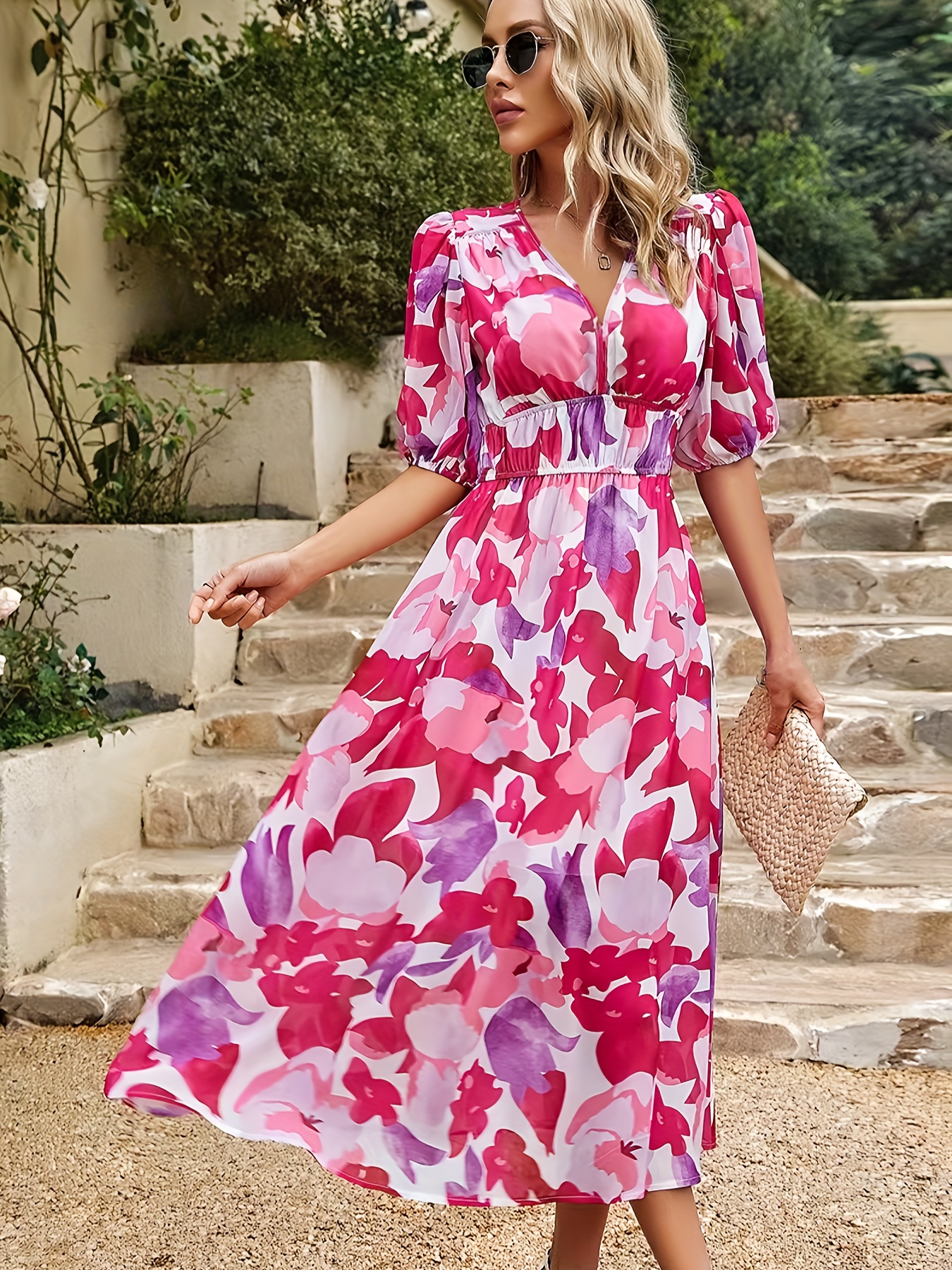 floral print v neck dress boho short sleeve ruched waist dress for spring summer womens clothing details 11