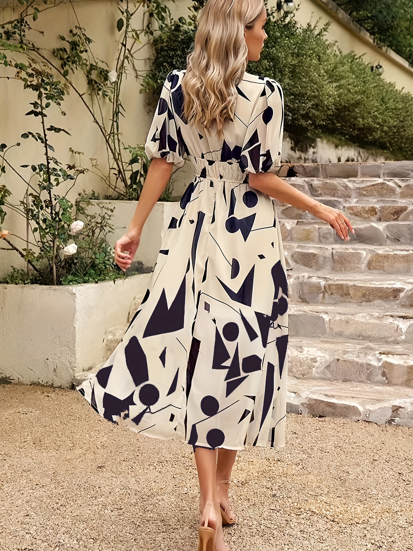 floral print v neck dress boho short sleeve ruched waist dress for spring summer womens clothing details 6