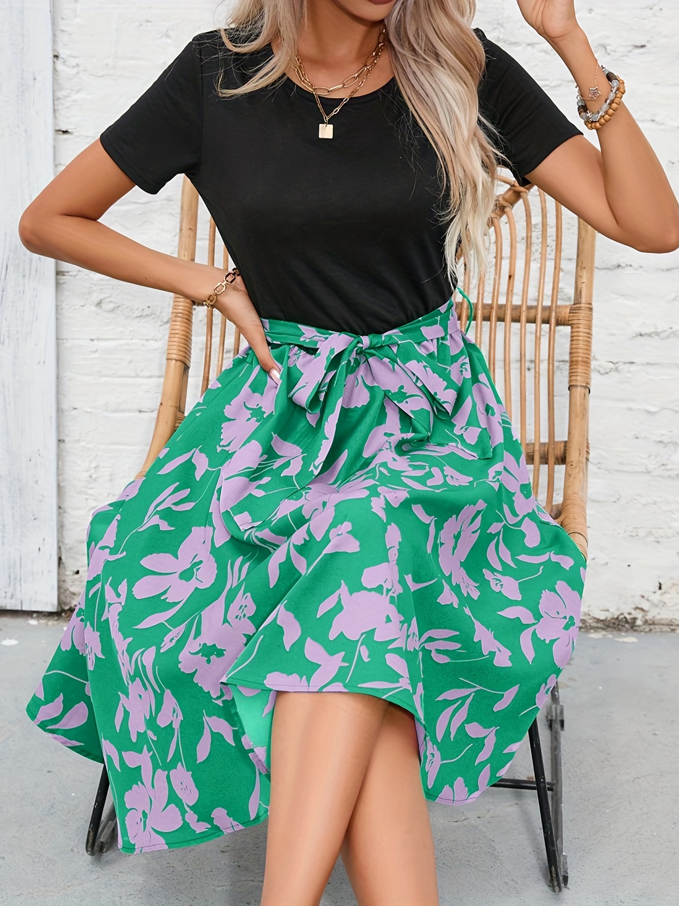 floral print crew neck dress casual short sleeve tunic dress for spring summer womens clothing details 14