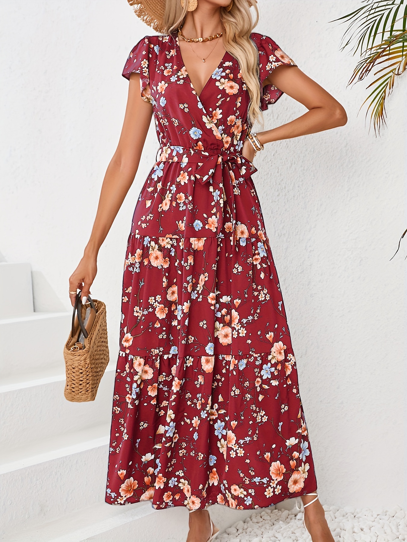 floral print flutter sleeve dress elegant v neck dress for spring summer womens clothing details 2
