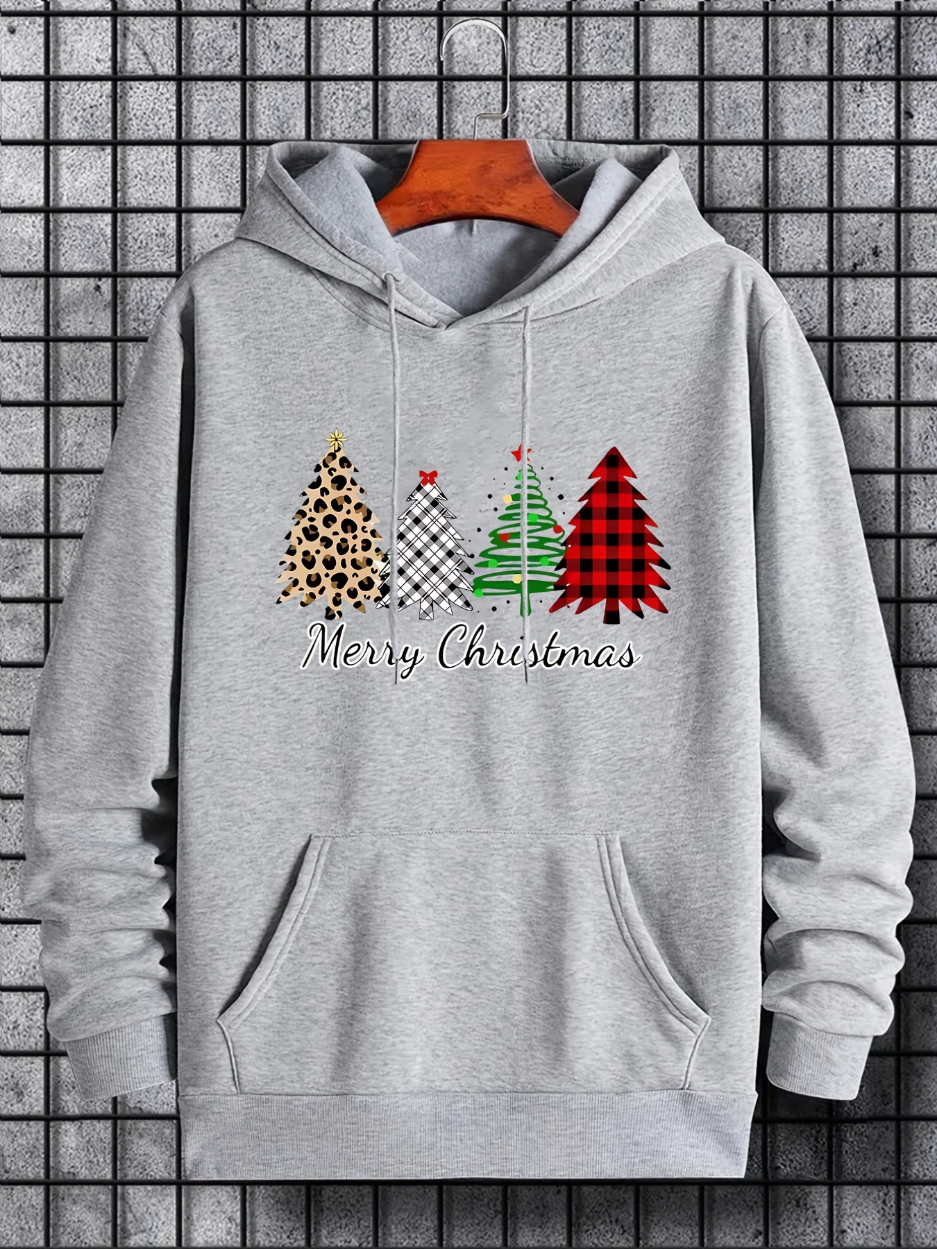 merry christmas trees print hoodies for men graphic hoodie with kangaroo pocket comfy loose drawstring trendy hooded pullover mens clothing for autumn winter details 0