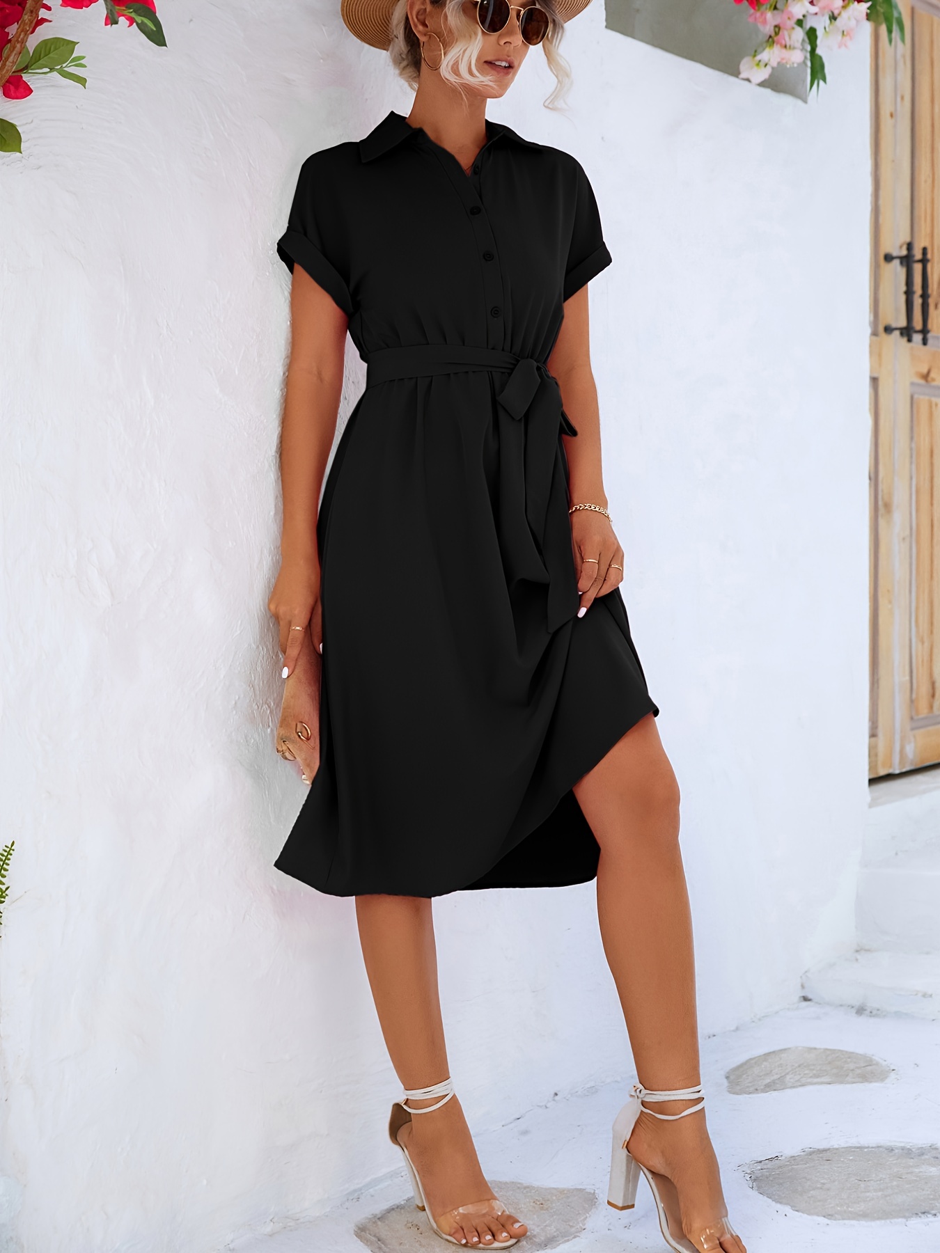 solid belted shirt dress short sleeve casual dress for summer spring womens clothing details 19