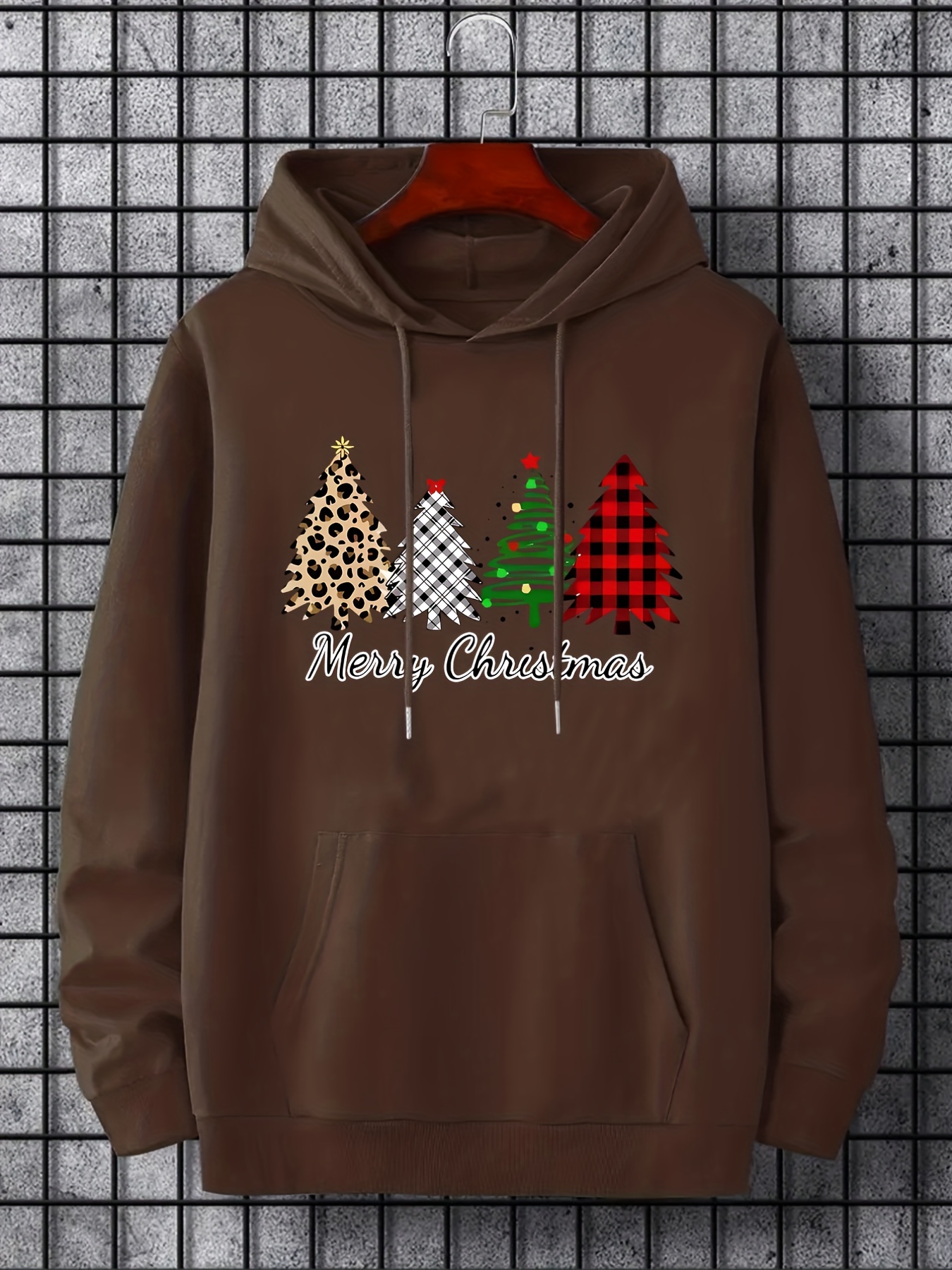 merry christmas trees print hoodies for men graphic hoodie with kangaroo pocket comfy loose drawstring trendy hooded pullover mens clothing for autumn winter details 5