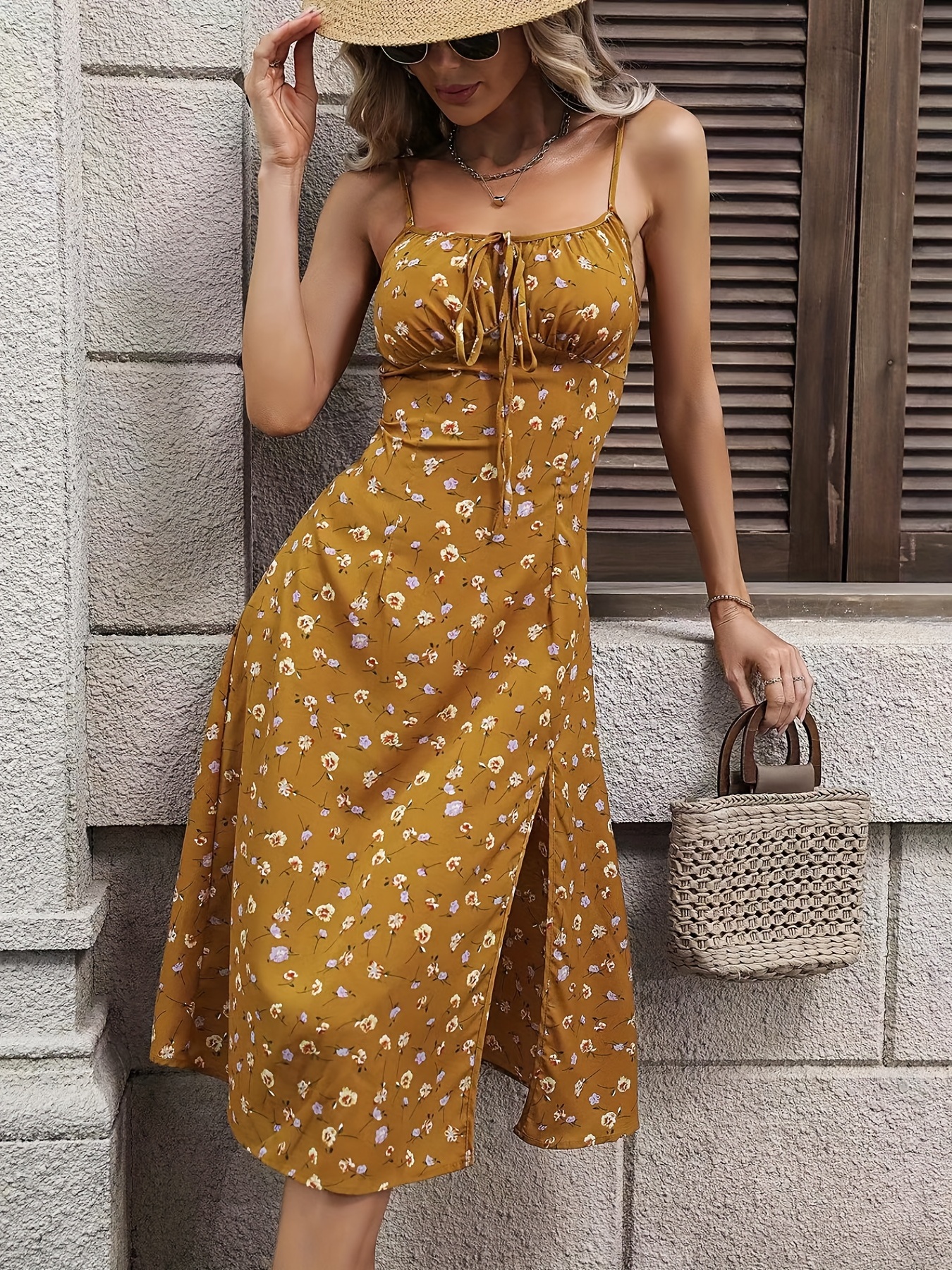 floral print split vacation dress vacation spaghetti strap sleeveless dress womens clothing details 4