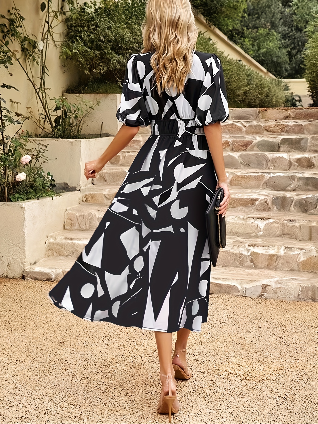 floral print v neck dress boho short sleeve ruched waist dress for spring summer womens clothing details 1