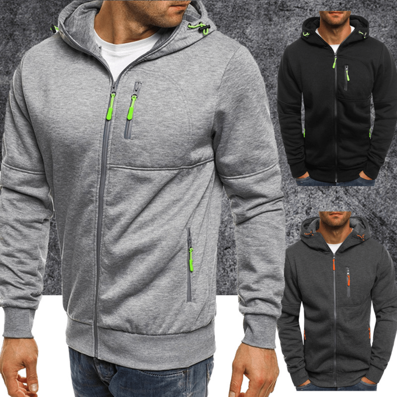 mens zip up hooded jacket with zipper pockets casual loose hoodie for workout running details 0