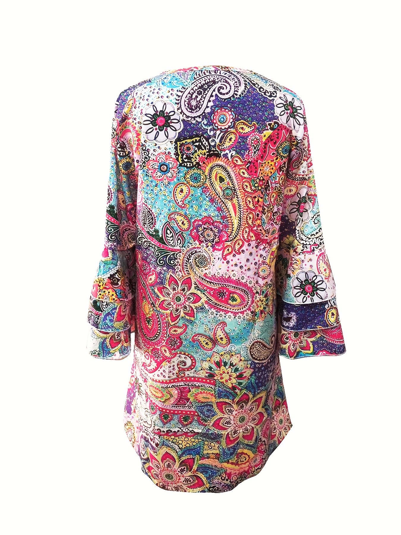 paisley print layered dress vacation v neck flared sleeve dress womens clothing details 1