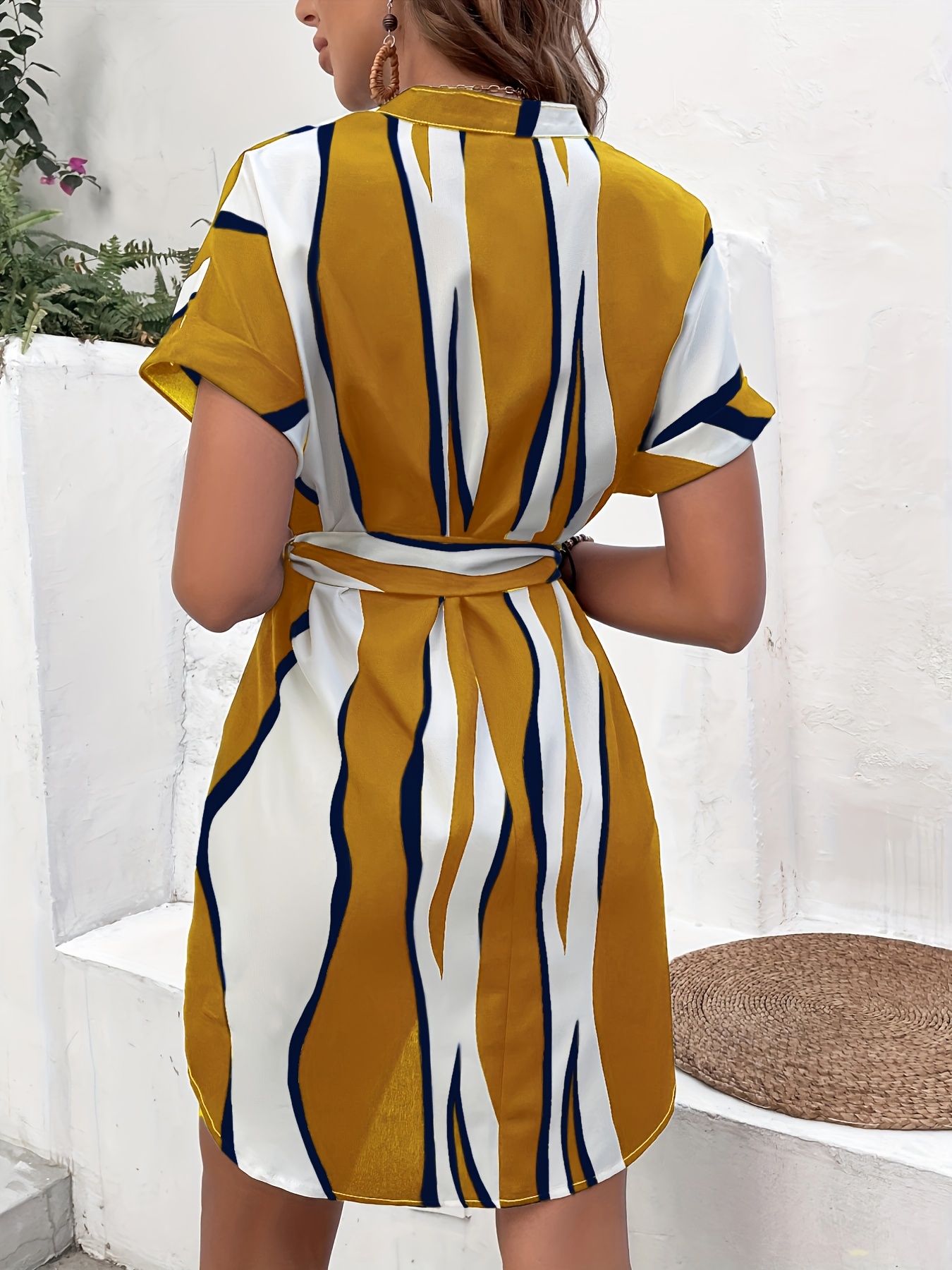 wave print v neck dress casual short sleeve random printing summer dress womens clothing details 6