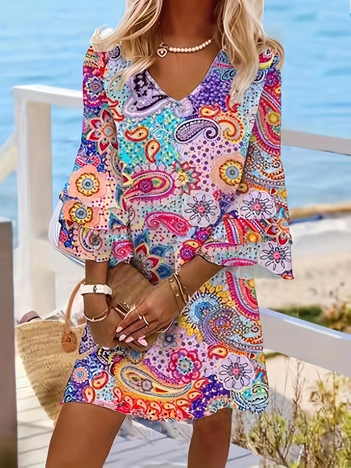 paisley print layered dress vacation v neck flared sleeve dress womens clothing details 0