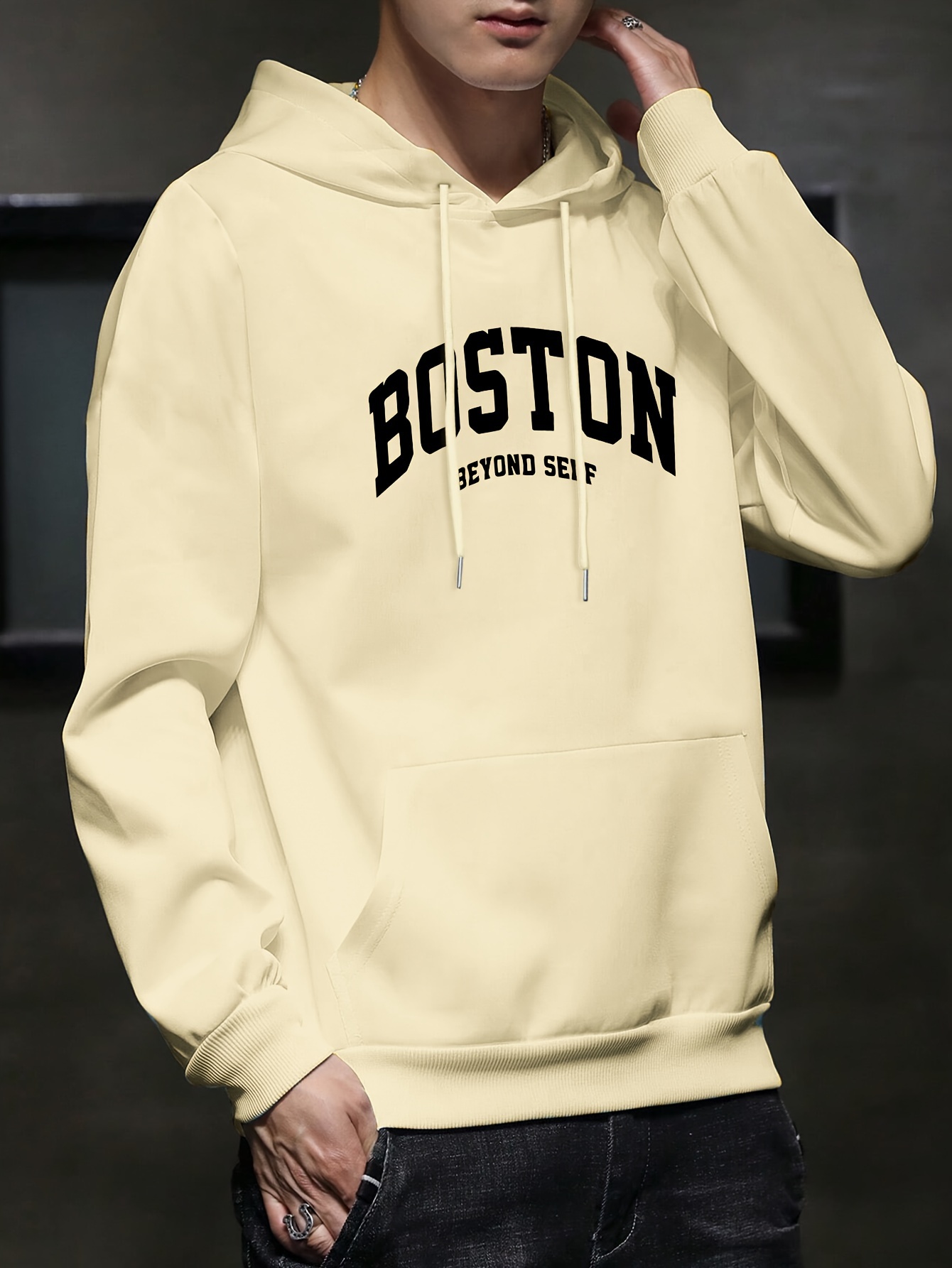boston print mens pullover round neck hoodies with kangaroo pocket long sleeve hooded sweatshirt loose casual top for autumn winter mens clothing as gifts details 5