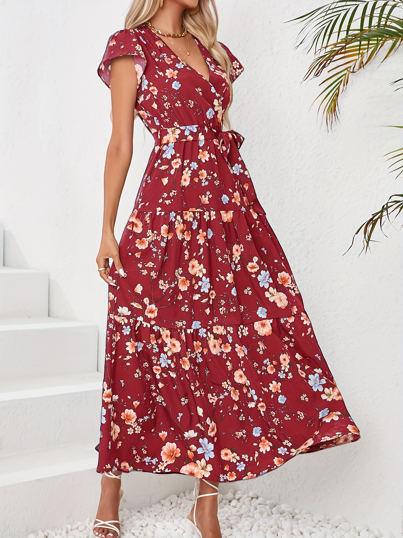 floral print flutter sleeve dress elegant v neck dress for spring summer womens clothing details 3