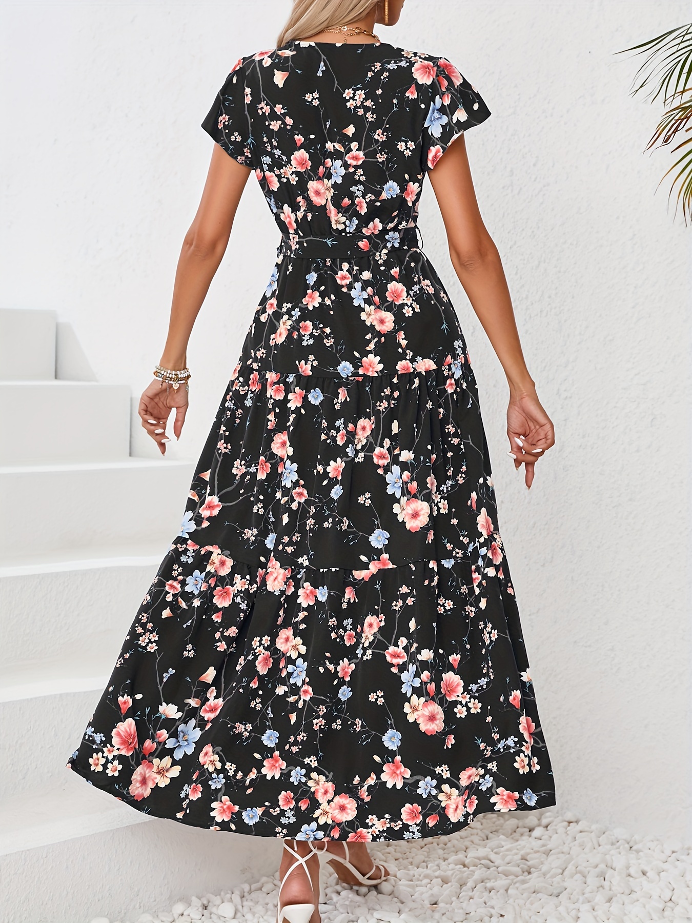 floral print flutter sleeve dress elegant v neck dress for spring summer womens clothing details 9