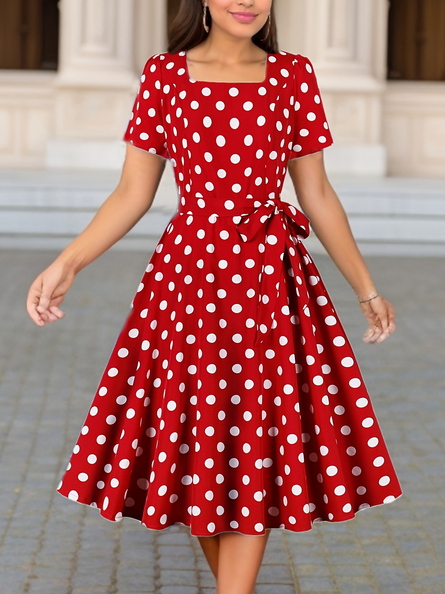 polka dot print square neck dress elegant short sleeve belted dress for spring summer womens clothing details 4