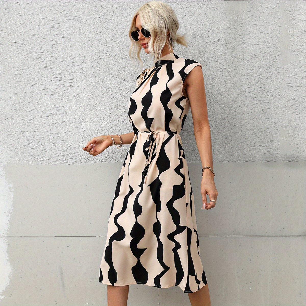 abstract print tie back dress casual mock neck sleeveless midi dress womens clothing details 0