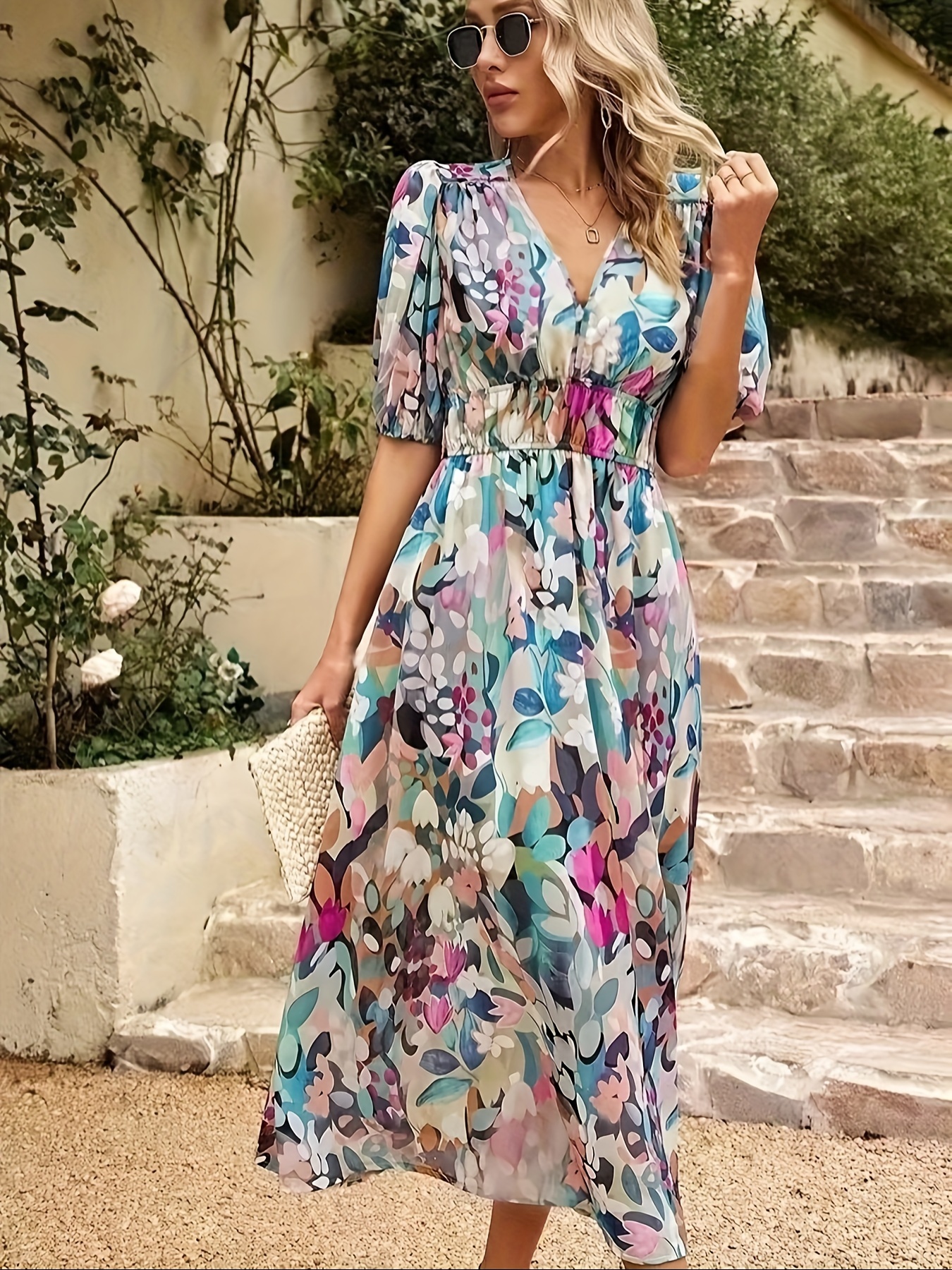 floral print v neck dress boho short sleeve ruched waist dress for spring summer womens clothing details 29