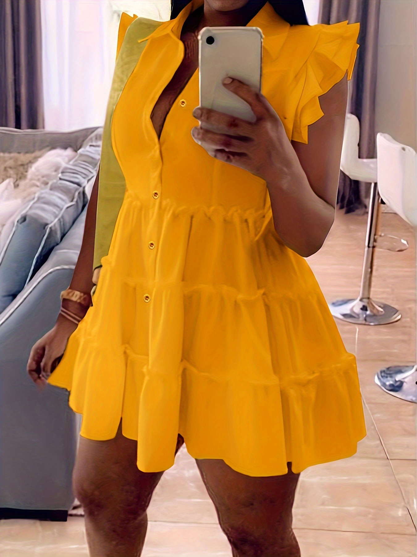 shirt collar tiered dress ruffle trim casual dress for spring summer womens clothing details 2