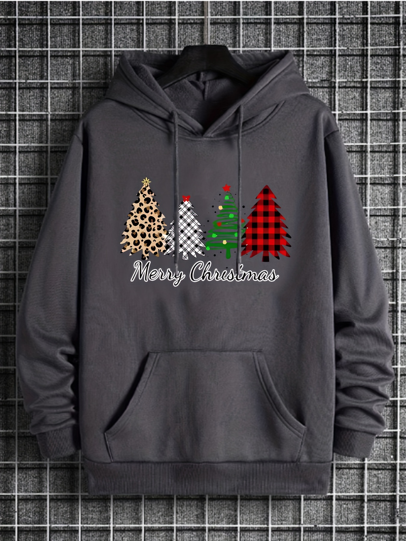 merry christmas trees print hoodies for men graphic hoodie with kangaroo pocket comfy loose drawstring trendy hooded pullover mens clothing for autumn winter details 10