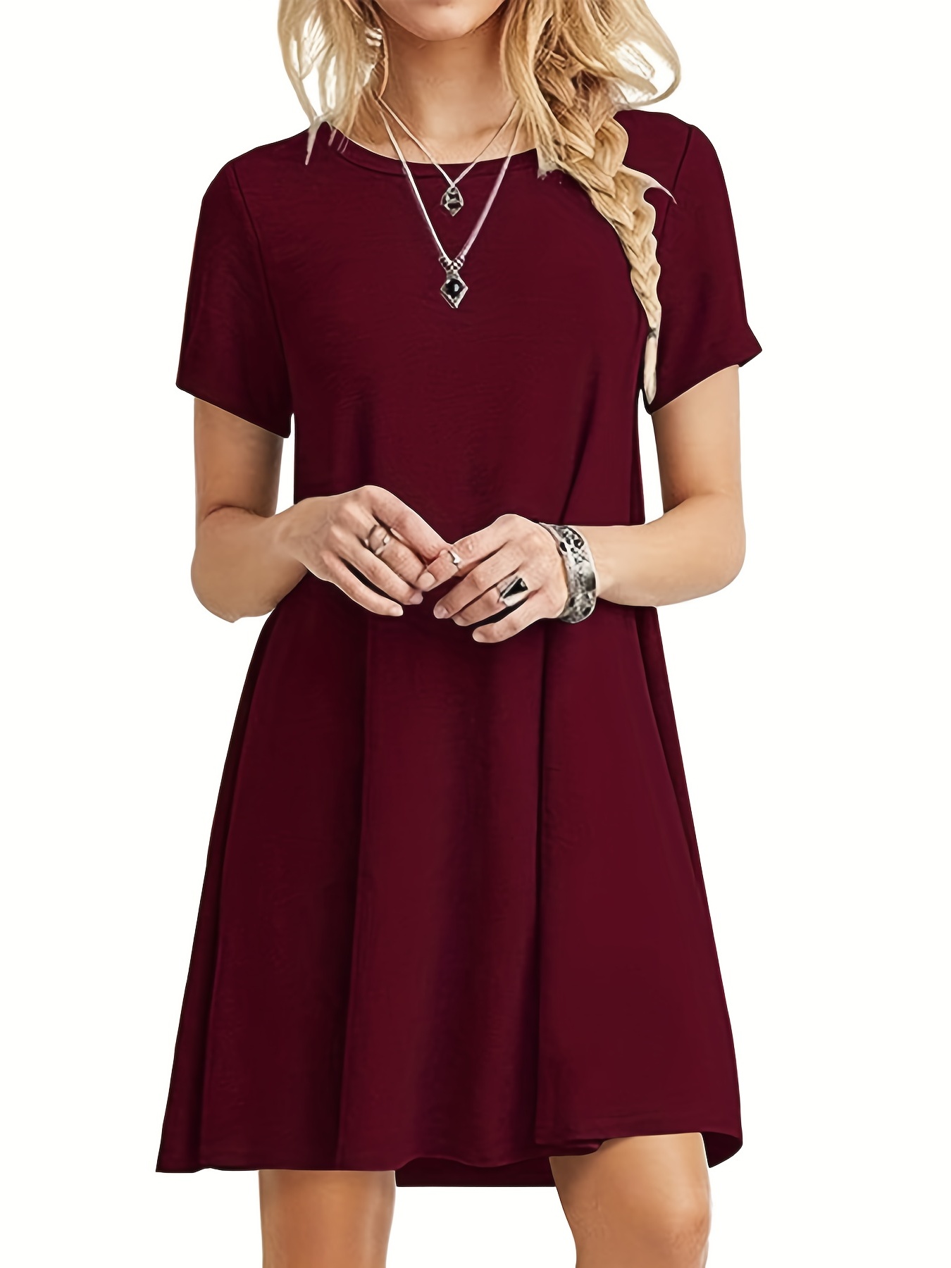 solid simple t shirt dress casual crew neck short sleeve dress womens clothing details 9