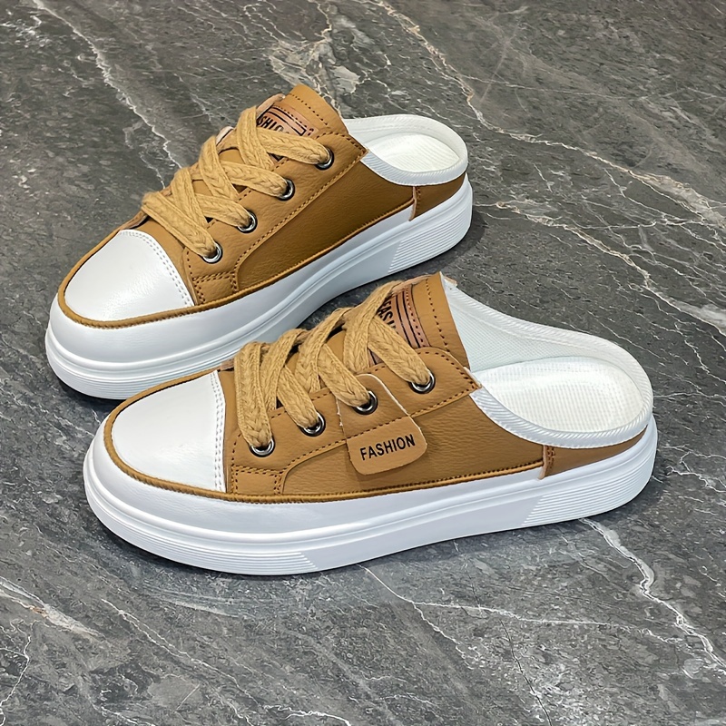 solid color flat mule sneakers women s casual lace outdoor details 5