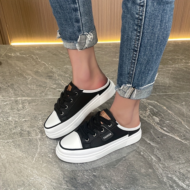 solid color flat mule sneakers women s casual lace outdoor details 16