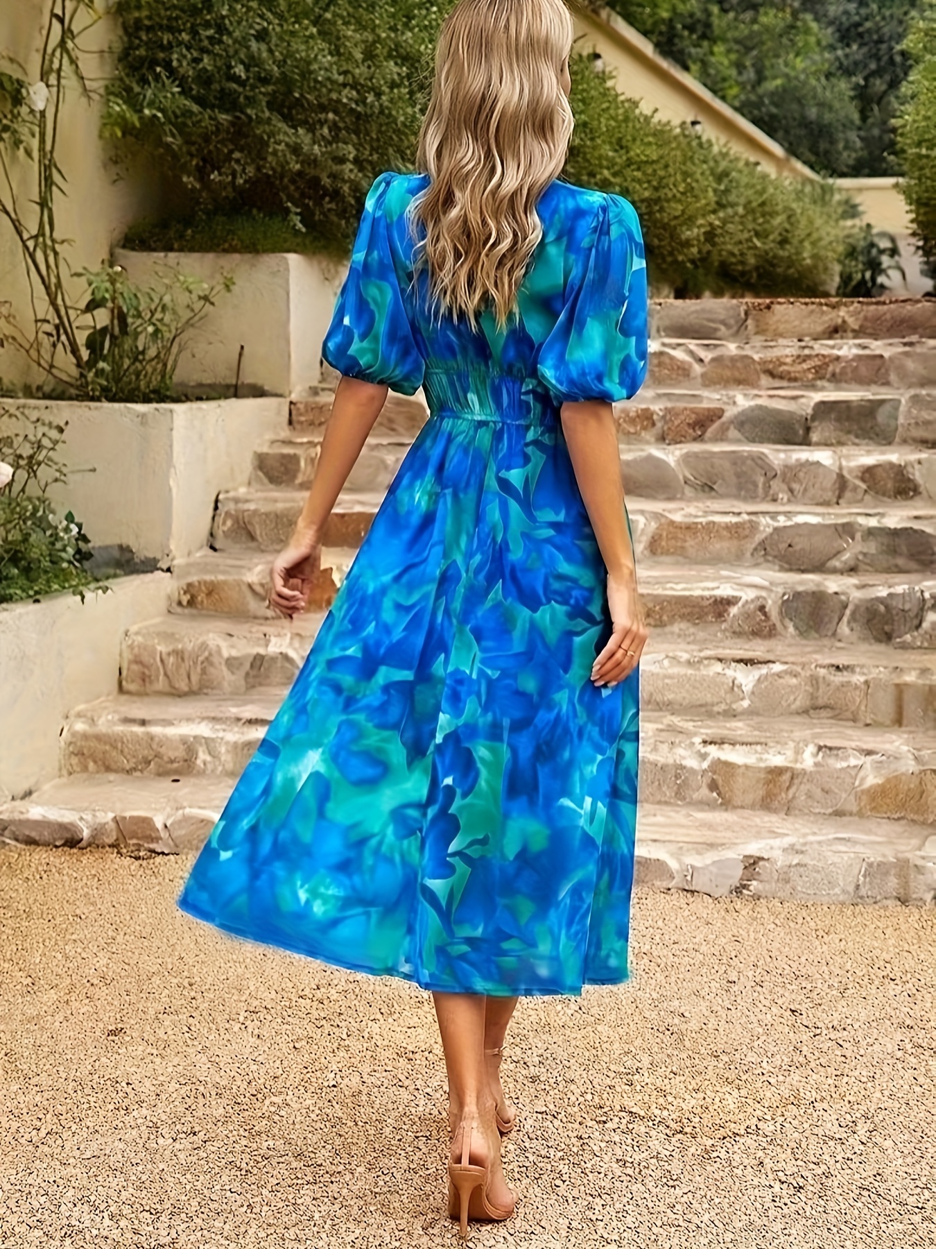 floral print v neck dress boho short sleeve ruched waist dress for spring summer womens clothing details 16