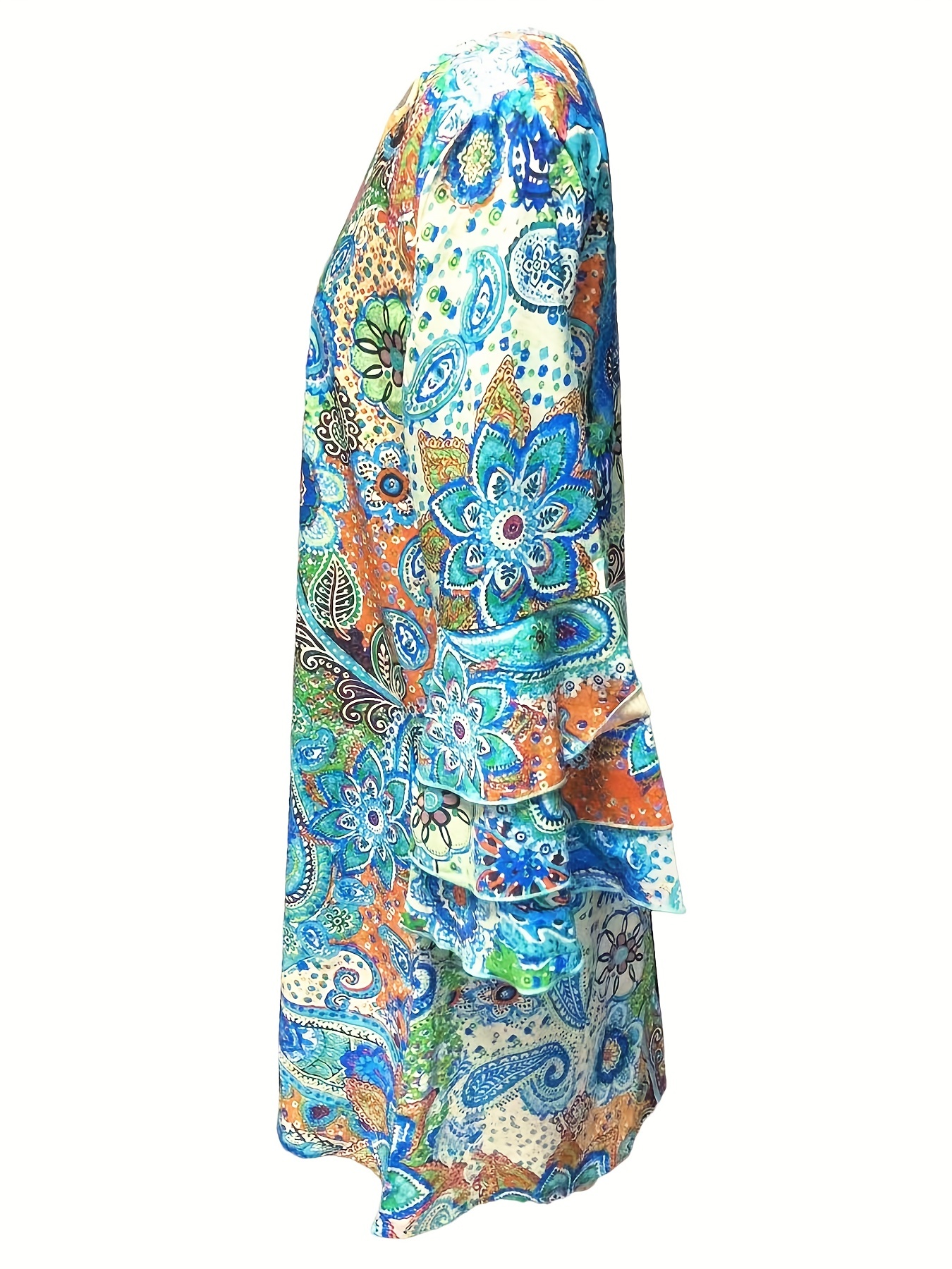 paisley print layered dress vacation v neck flared sleeve dress womens clothing details 5