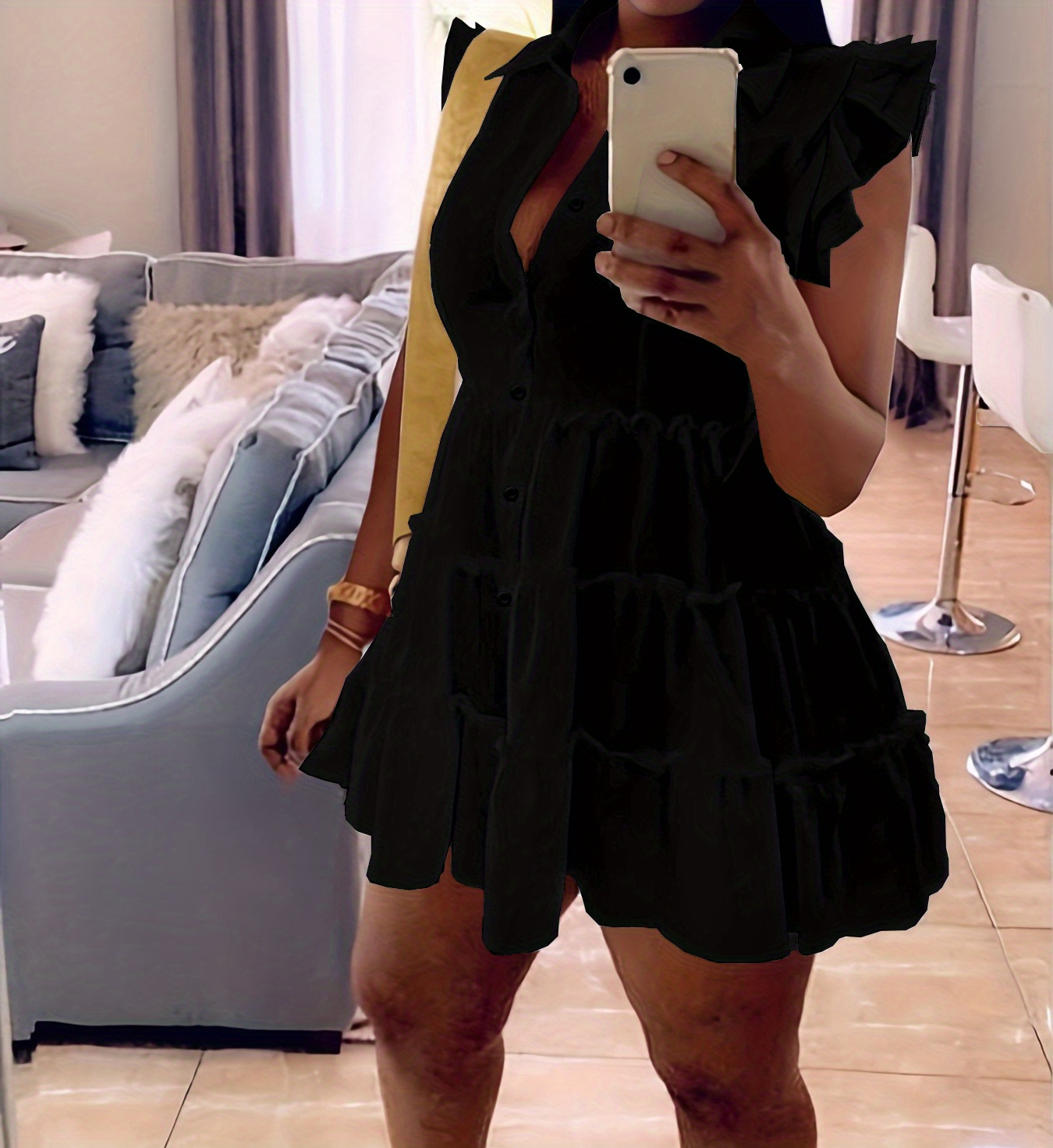 shirt collar tiered dress ruffle trim casual dress for spring summer womens clothing details 1