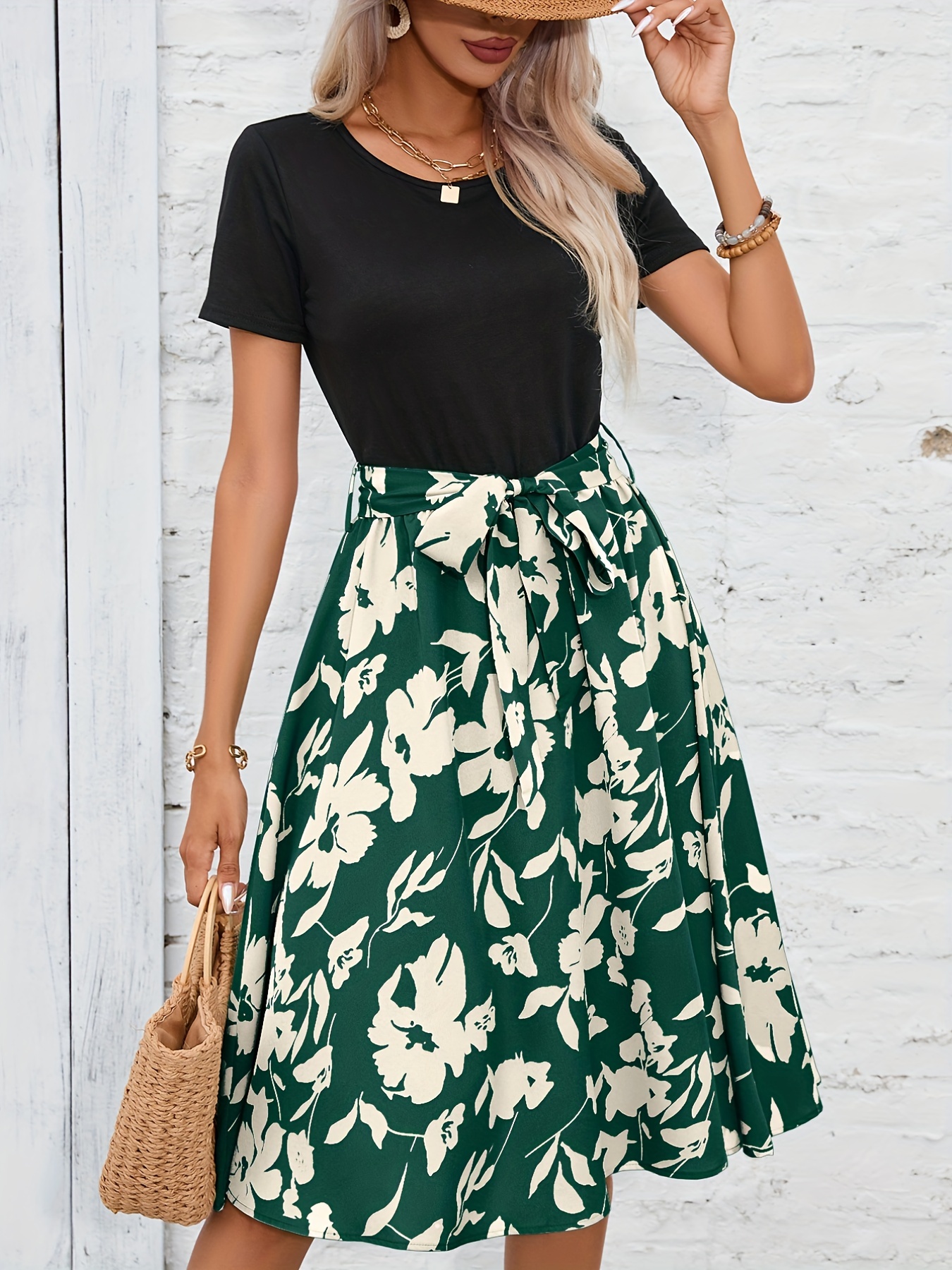 floral print crew neck dress casual short sleeve tunic dress for spring summer womens clothing details 20