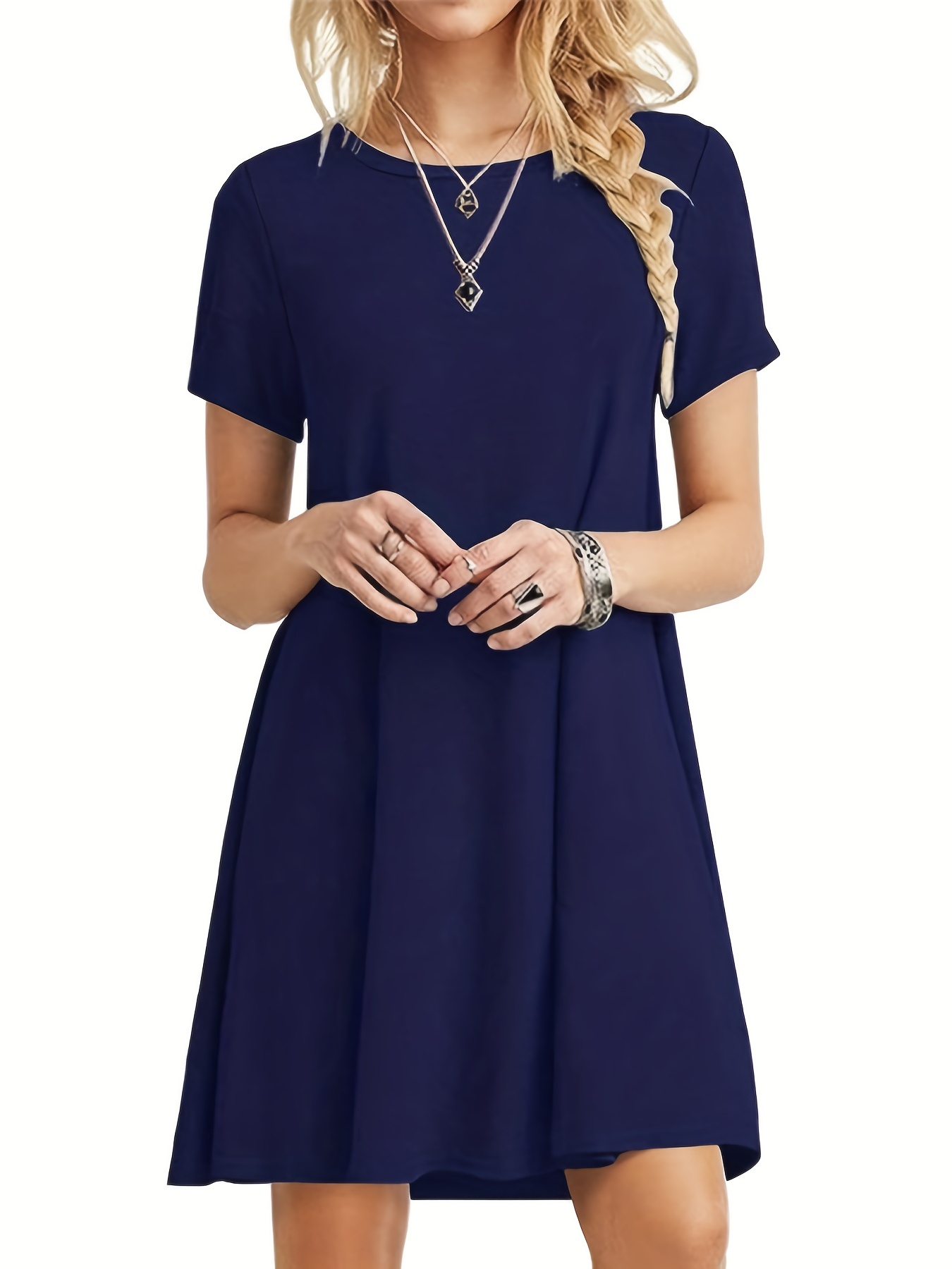 solid simple t shirt dress casual crew neck short sleeve dress womens clothing details 6