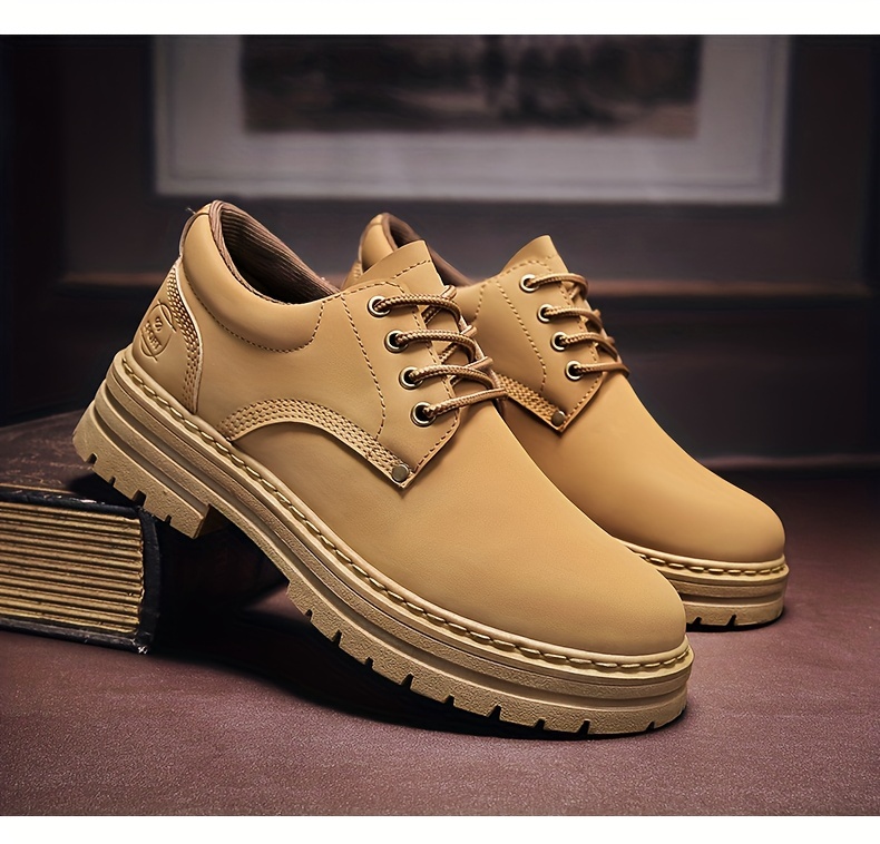 pu leather boots men s solid non slip durable low top lace details 0