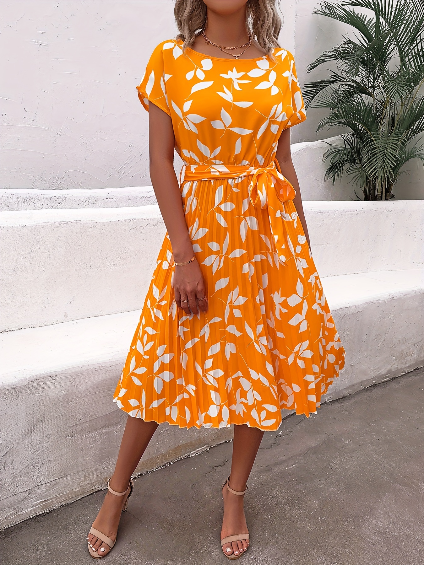 ditsy floral print belted dress short sleeve casual every day vacation dress for spring summer womens clothing details 53