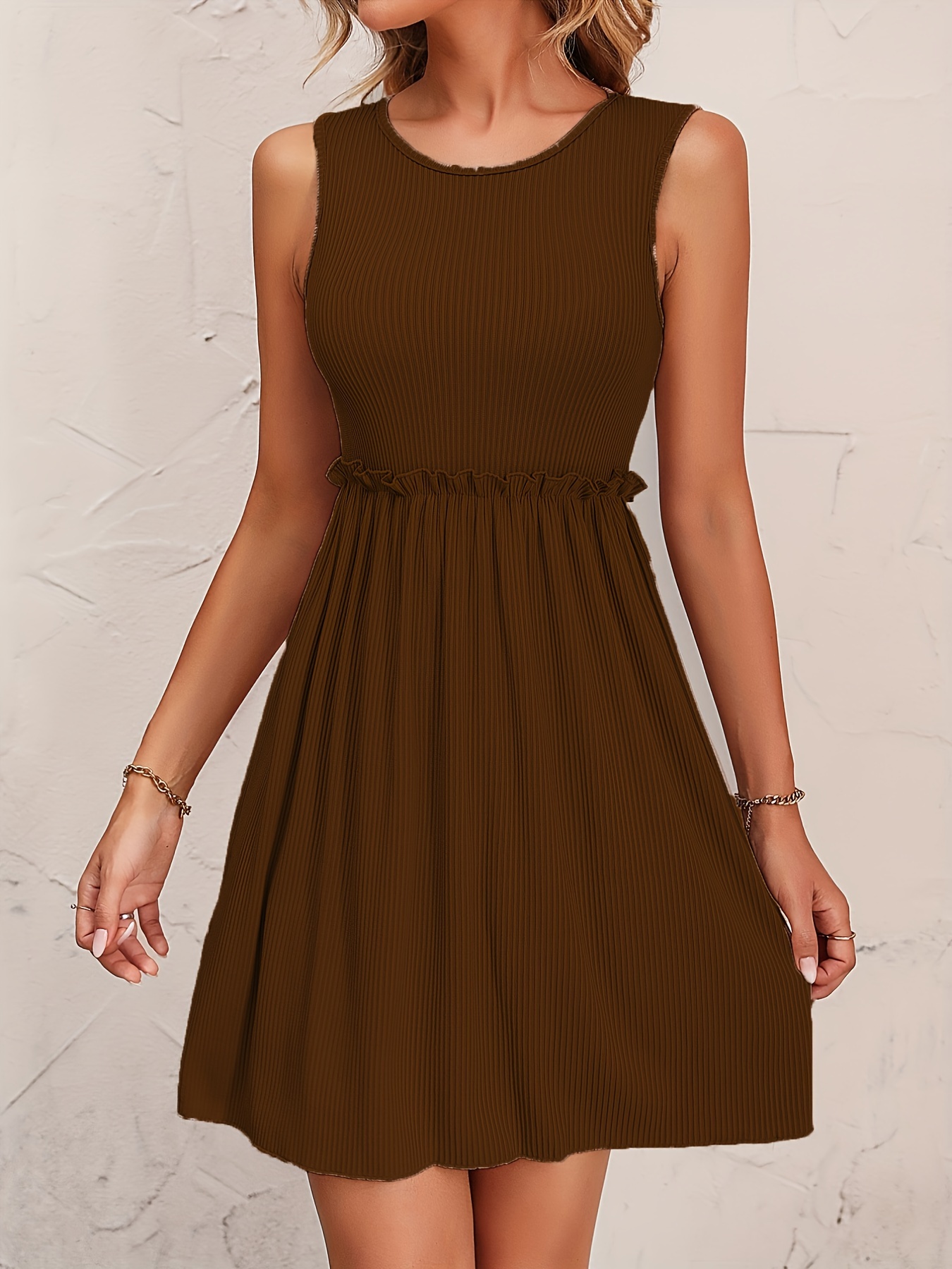 lettuce trim solid dress elegant crew neck sleeveless dress womens clothing details 22