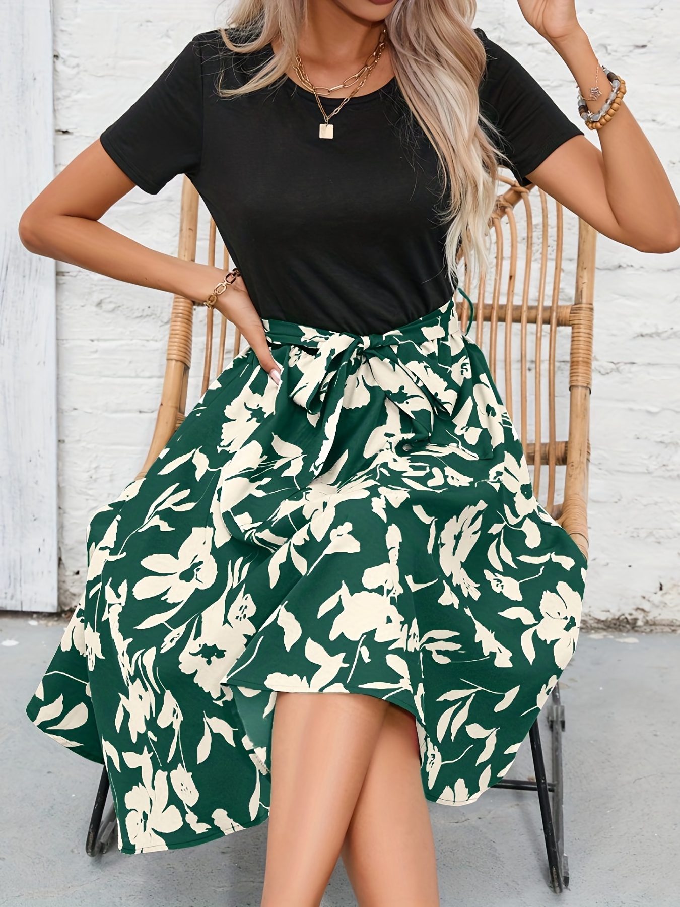 floral print crew neck dress casual short sleeve tunic dress for spring summer womens clothing details 24