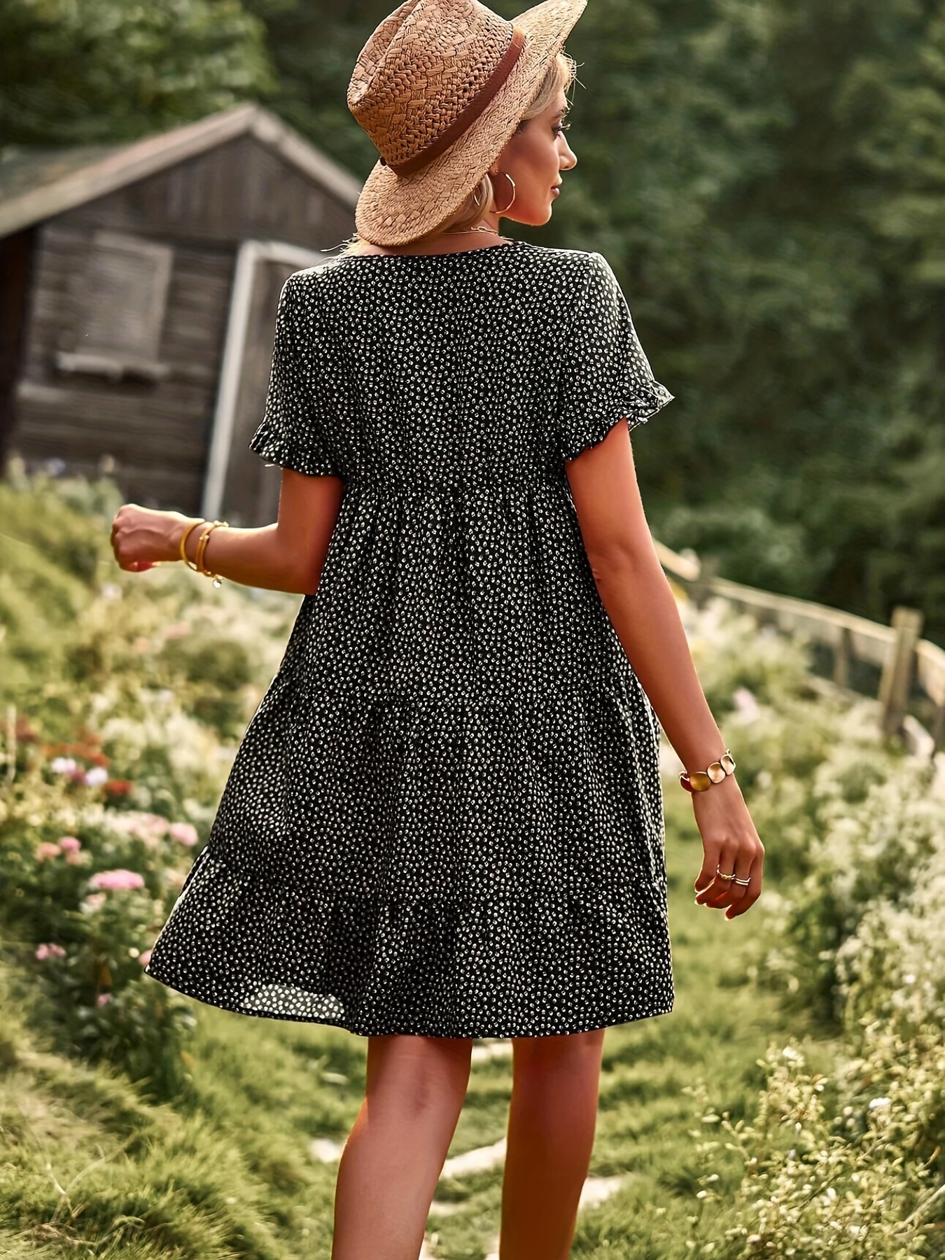 pin dot print dress casual crew neck short sleeve dress womens clothing details 1