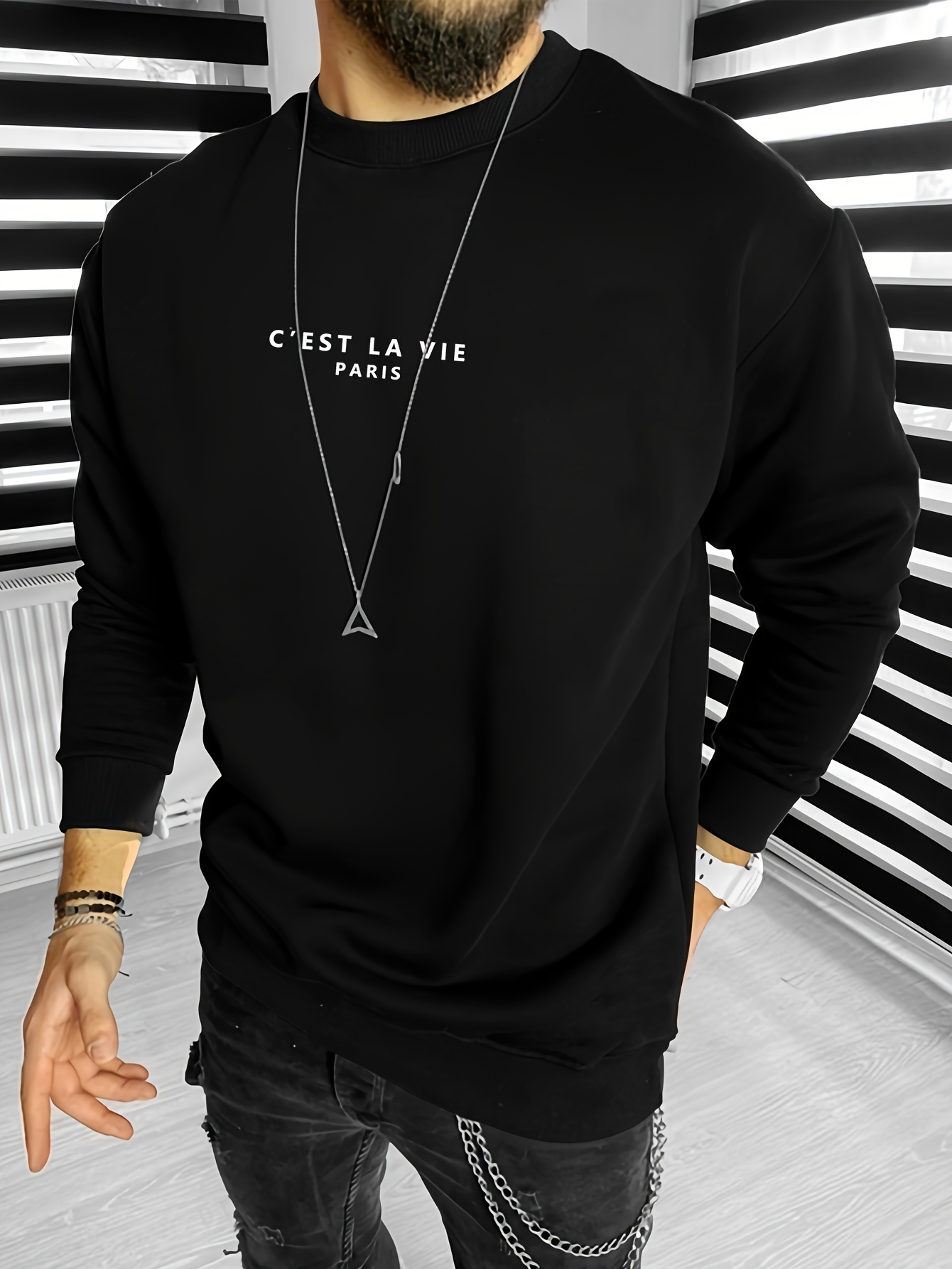 cest la vie paris print chic sweatshirt mens plain graphic design crew neck pullover for men for spring fall and winter details 0