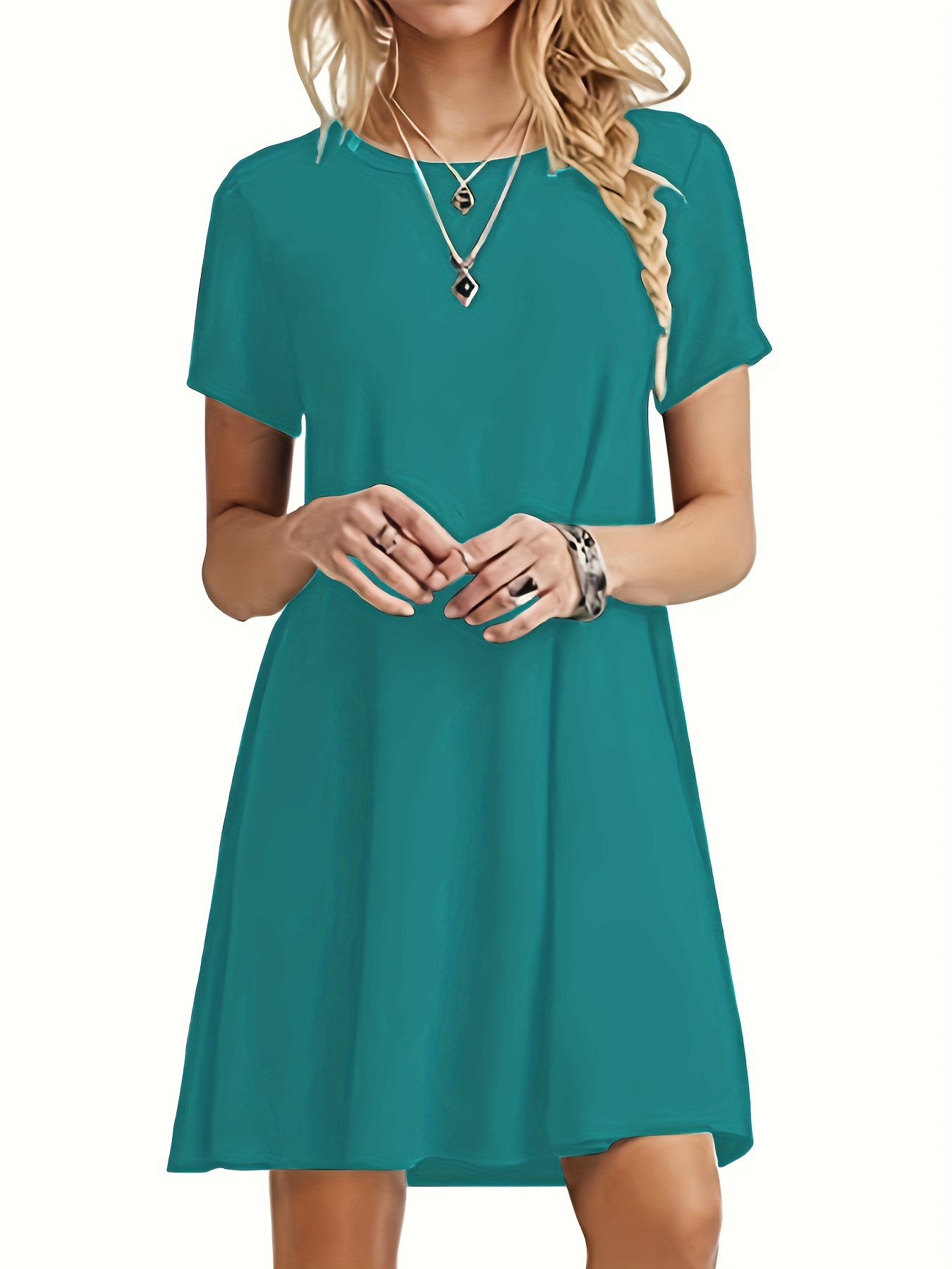 solid simple t shirt dress casual crew neck short sleeve dress womens clothing details 3