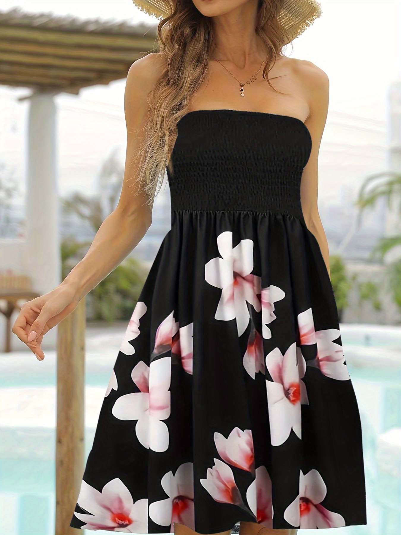 floral print shirred tube dress casual backless dress for spring summer womens clothing details 5
