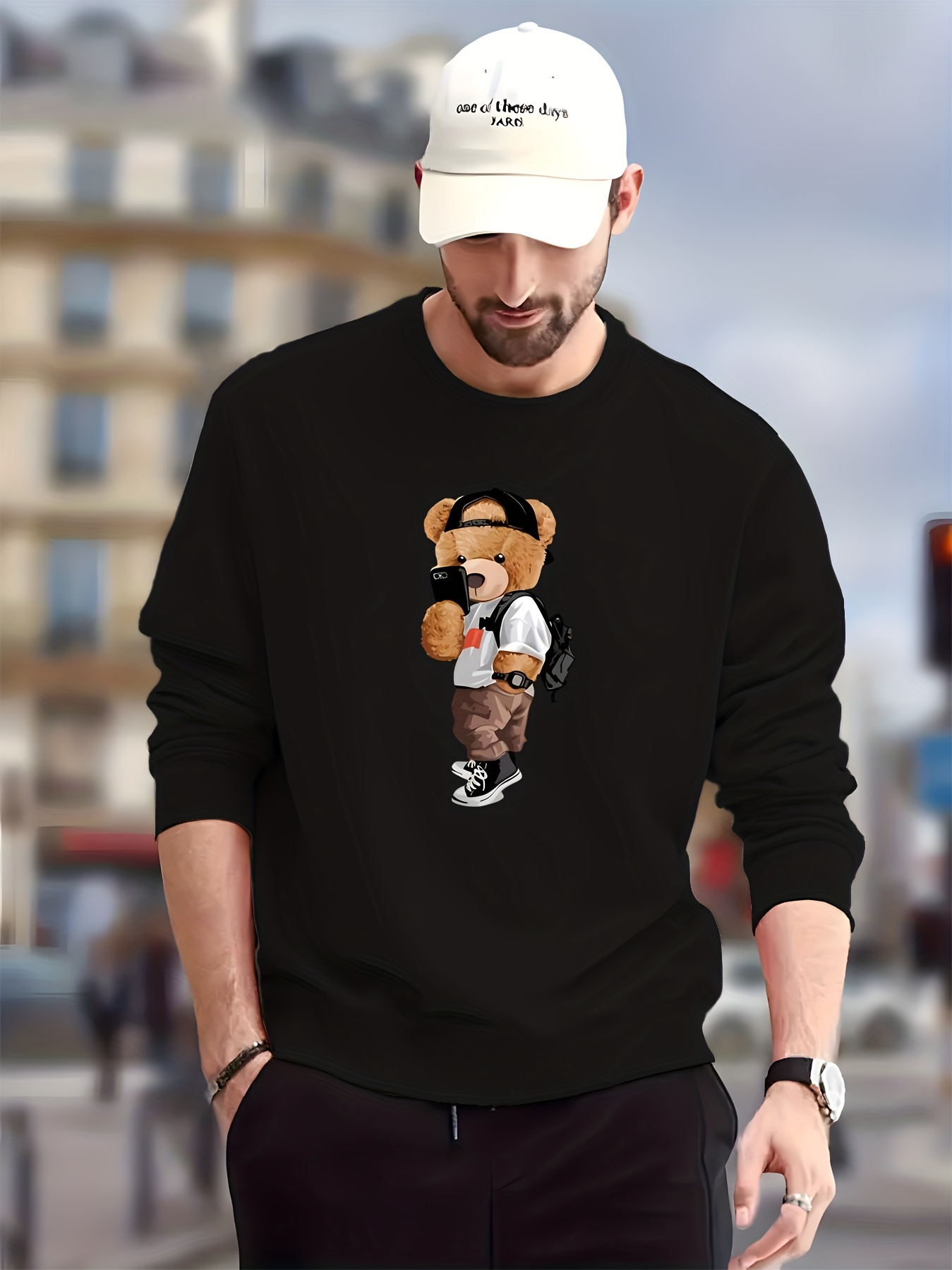 stylish teddy bear print trendy sweatshirt mens casual graphic design slightly stretch crew neck pullover sweatshirt for autumn winter details 0