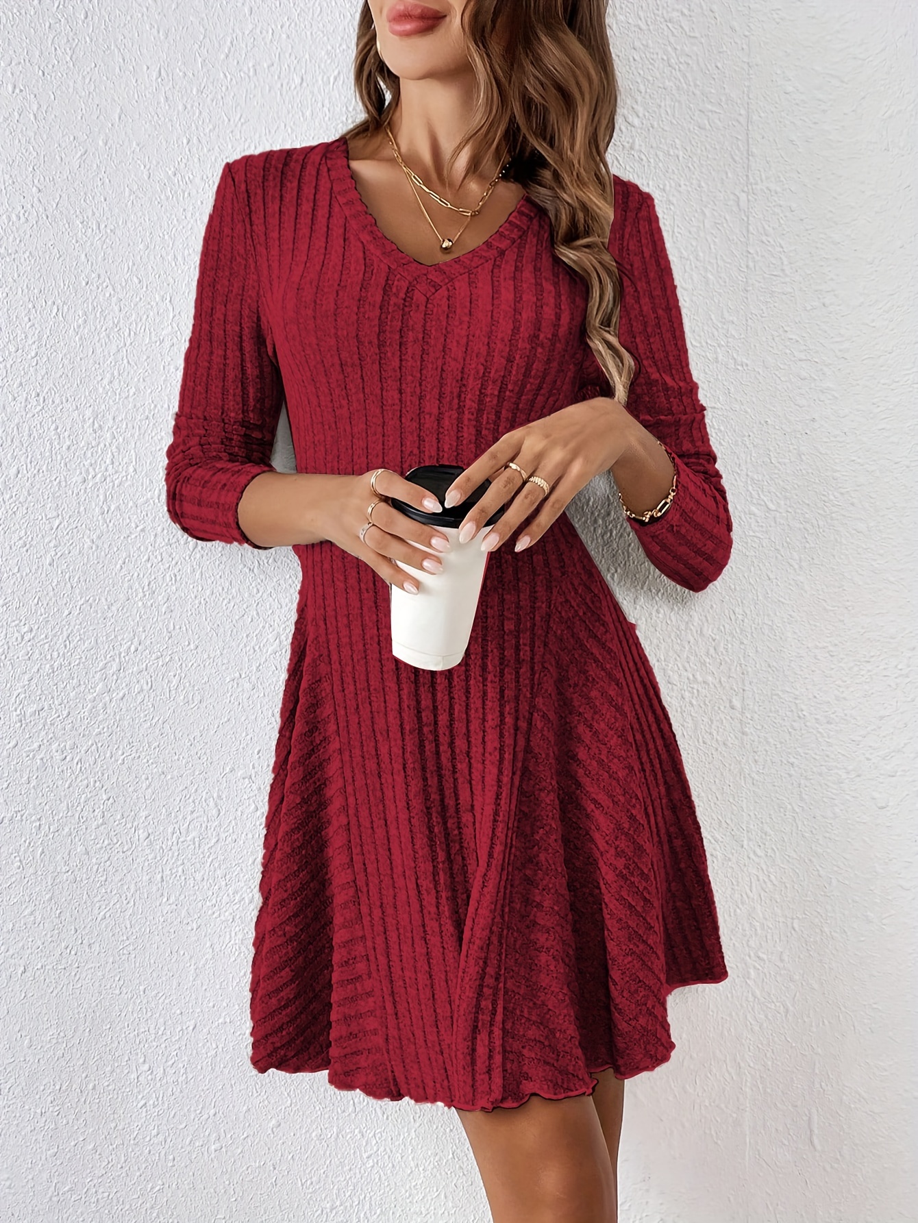 solid ribbed v neck dress casual long sleeve a line dress womens clothing details 14