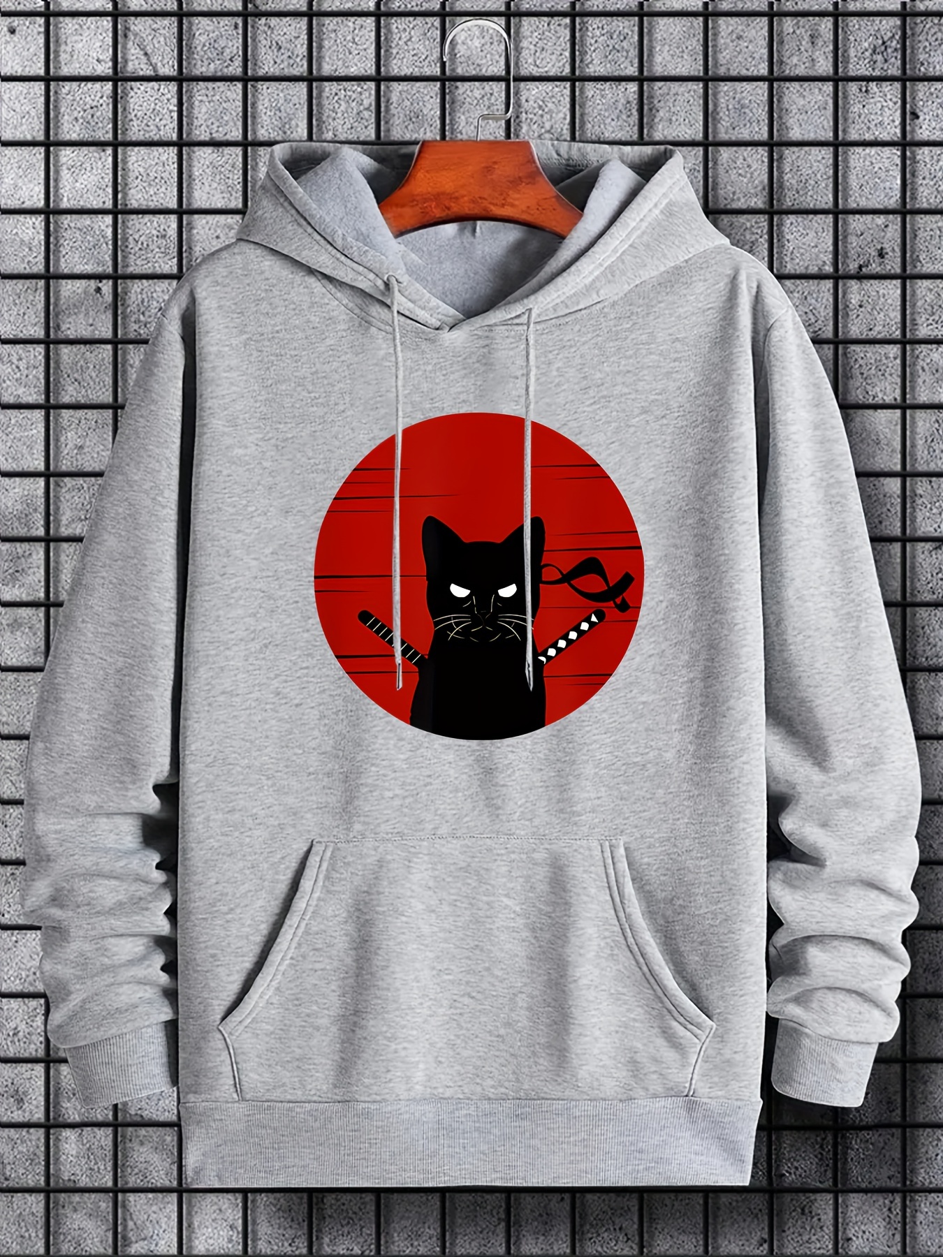 ninja cat print hoodie cool hoodies for men mens casual graphic design pullover hooded sweatshirt with kangaroo pocket streetwear for winter fall as gifts details 0