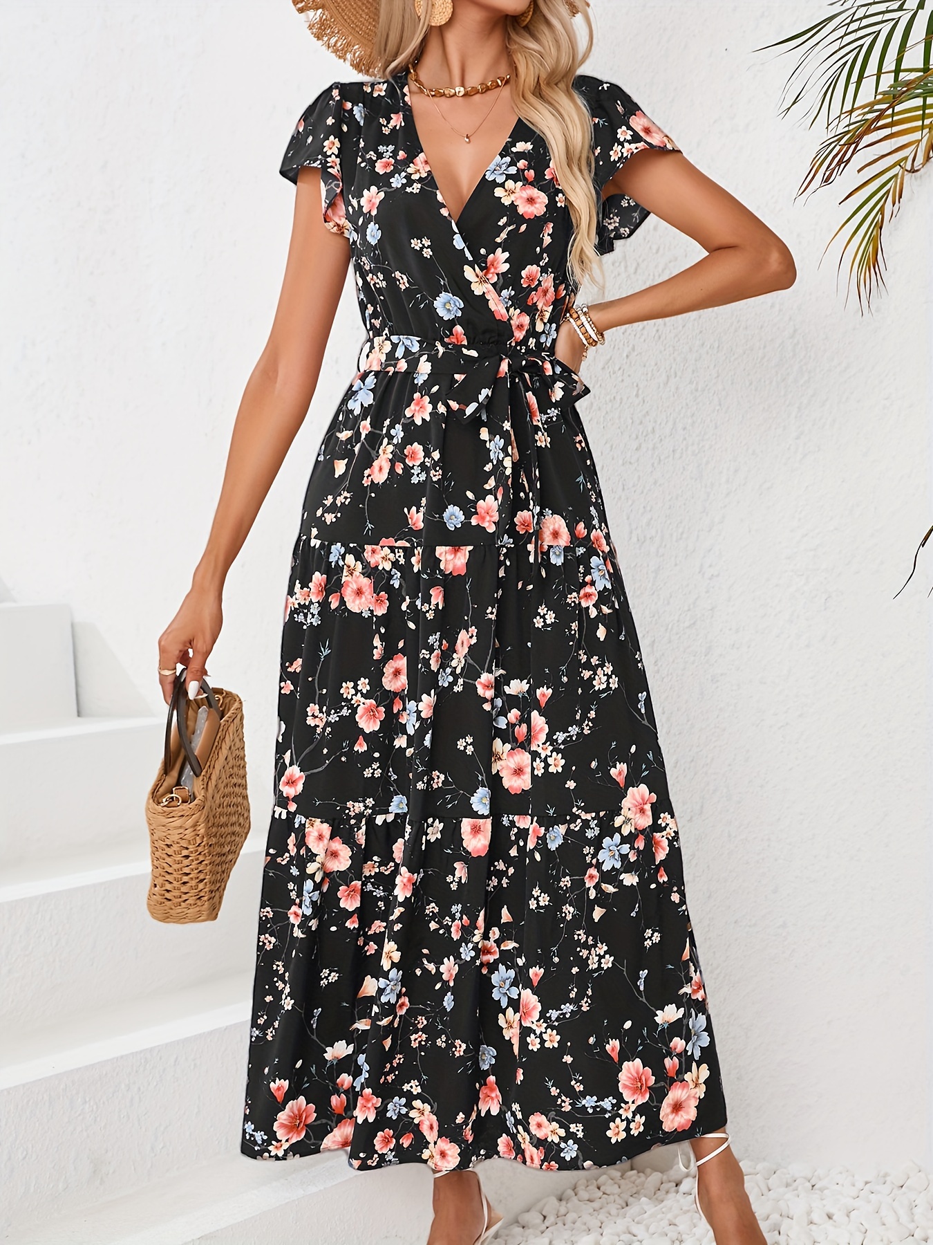 floral print flutter sleeve dress elegant v neck dress for spring summer womens clothing details 7