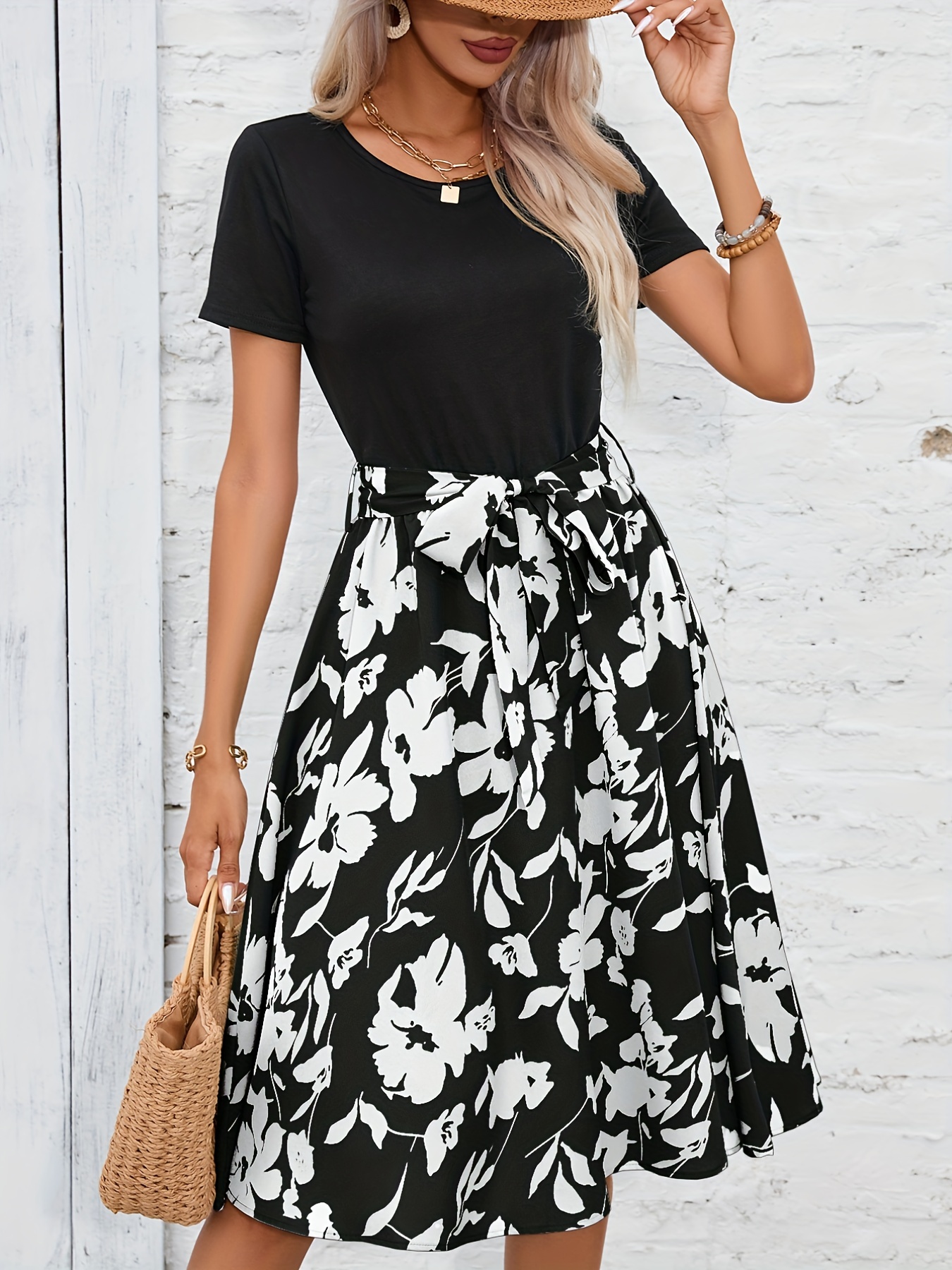 floral print crew neck dress casual short sleeve tunic dress for spring summer womens clothing details 25