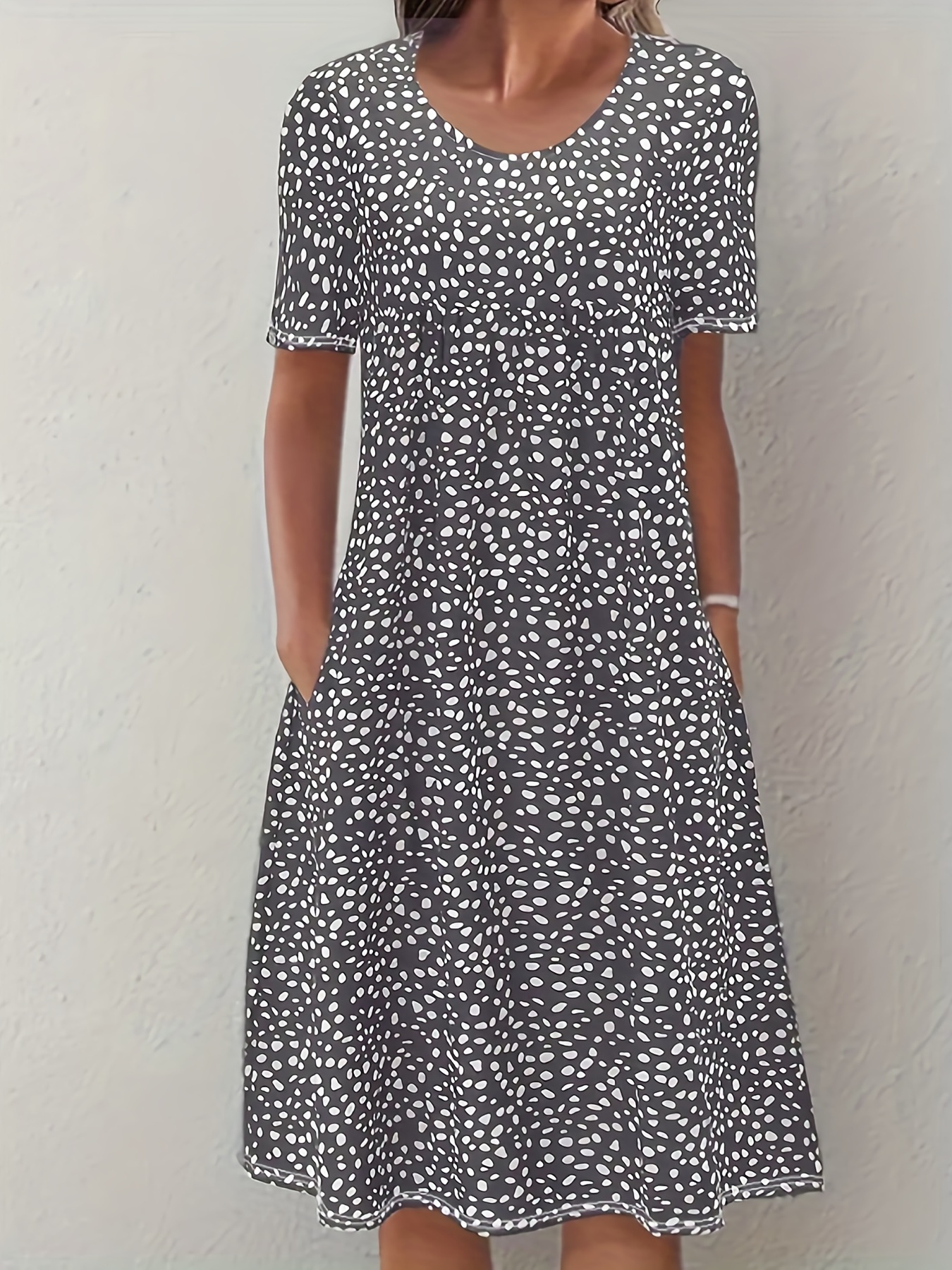 boho floral print dual pockets dress casual crew neck short sleeve dress womens clothing details 3