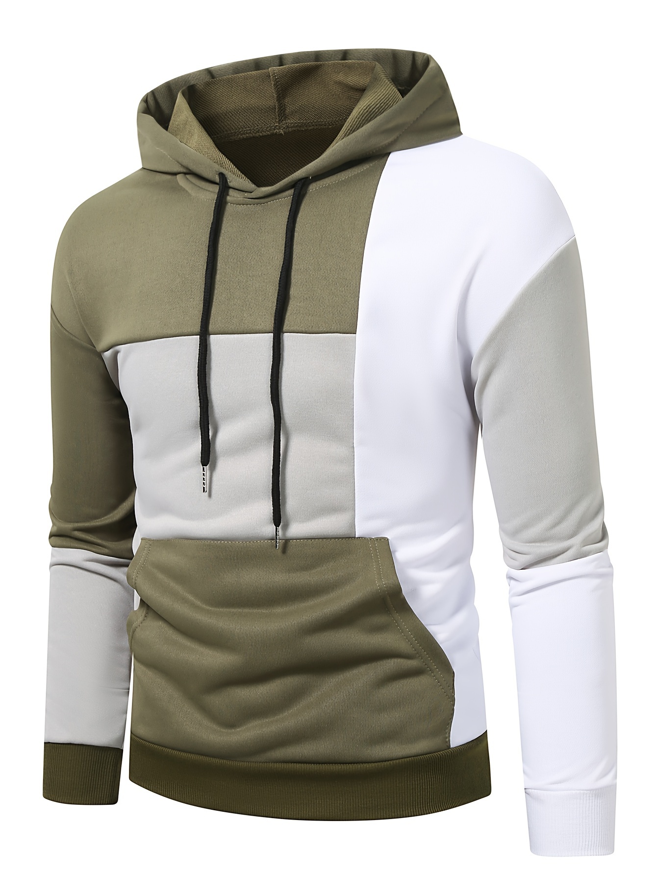 patchwork color block hoodie with kangaroo pocket mens casual solid color slightly stretch drawstring pullover hooded sweatshirt for spring fall details 10