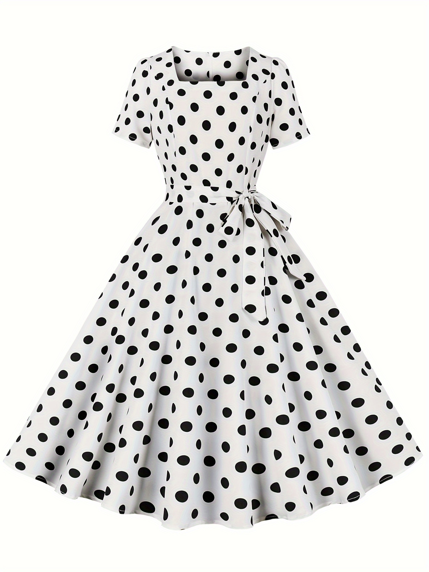 polka dot a line dress vintage squared neck short sleeve party dress womens clothing details 6