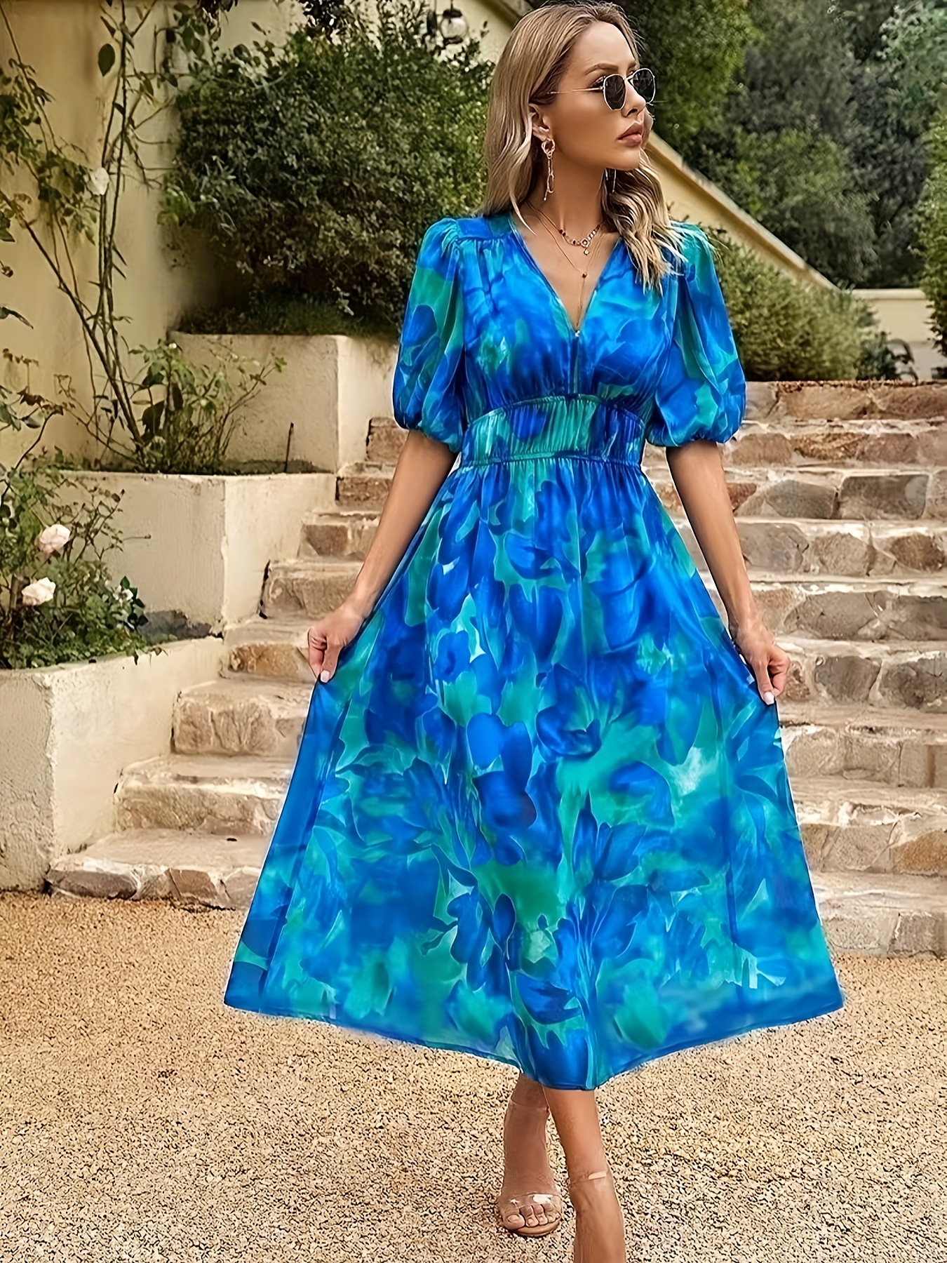 floral print v neck dress boho short sleeve ruched waist dress for spring summer womens clothing details 17