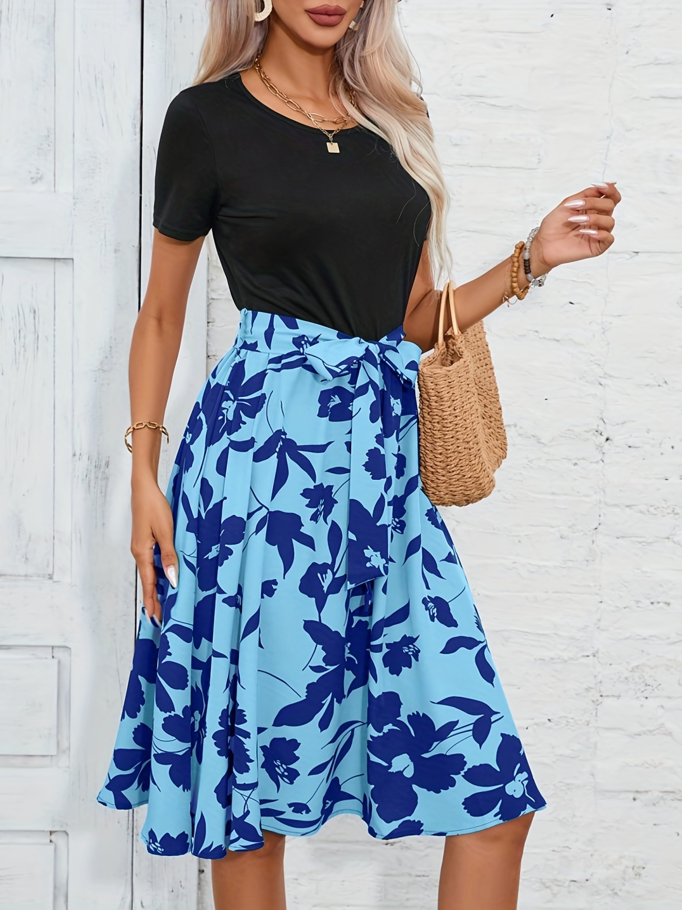 floral print crew neck dress casual short sleeve tunic dress for spring summer womens clothing details 3