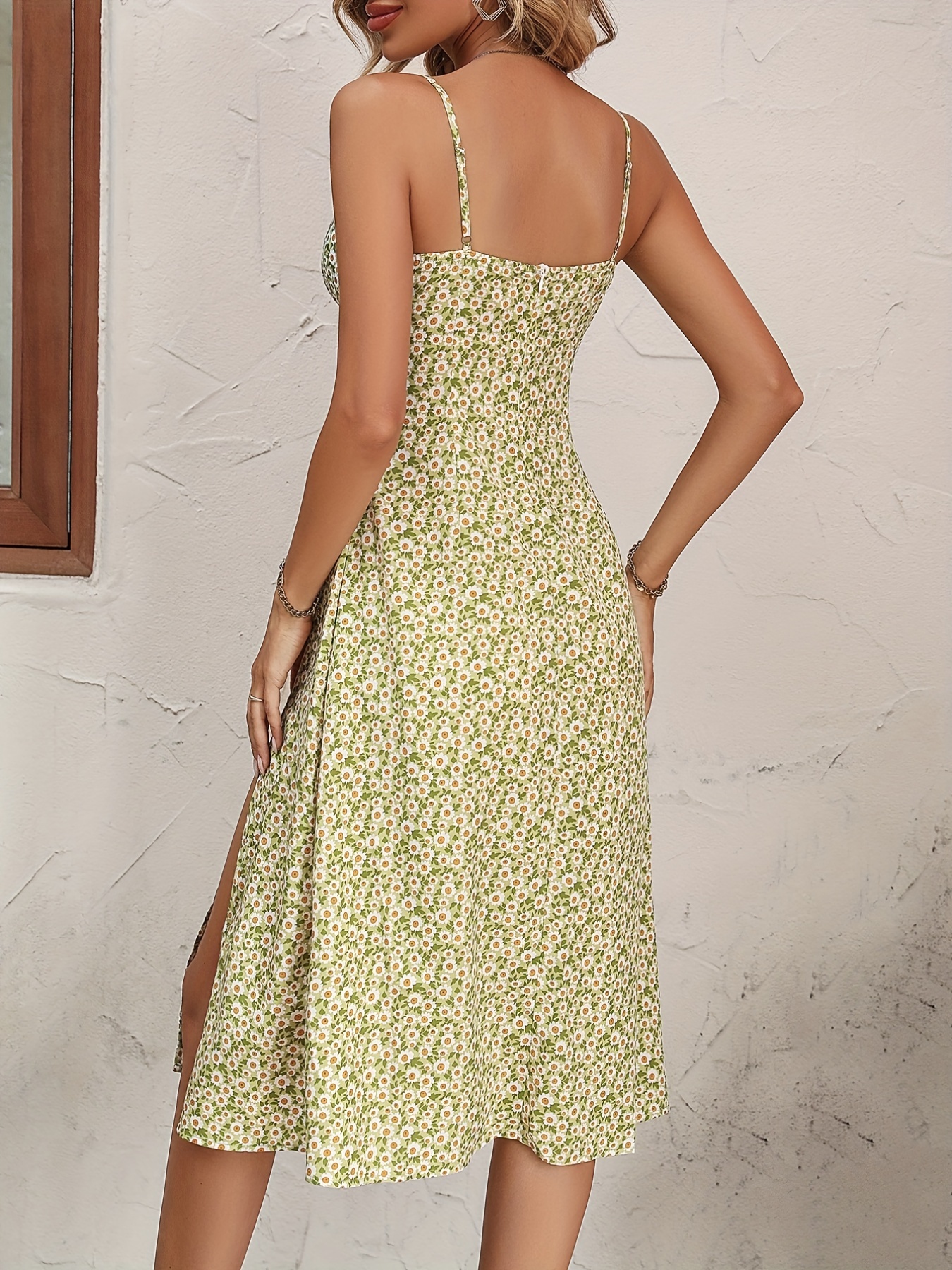 floral print split vacation dress vacation spaghetti strap sleeveless dress womens clothing details 10